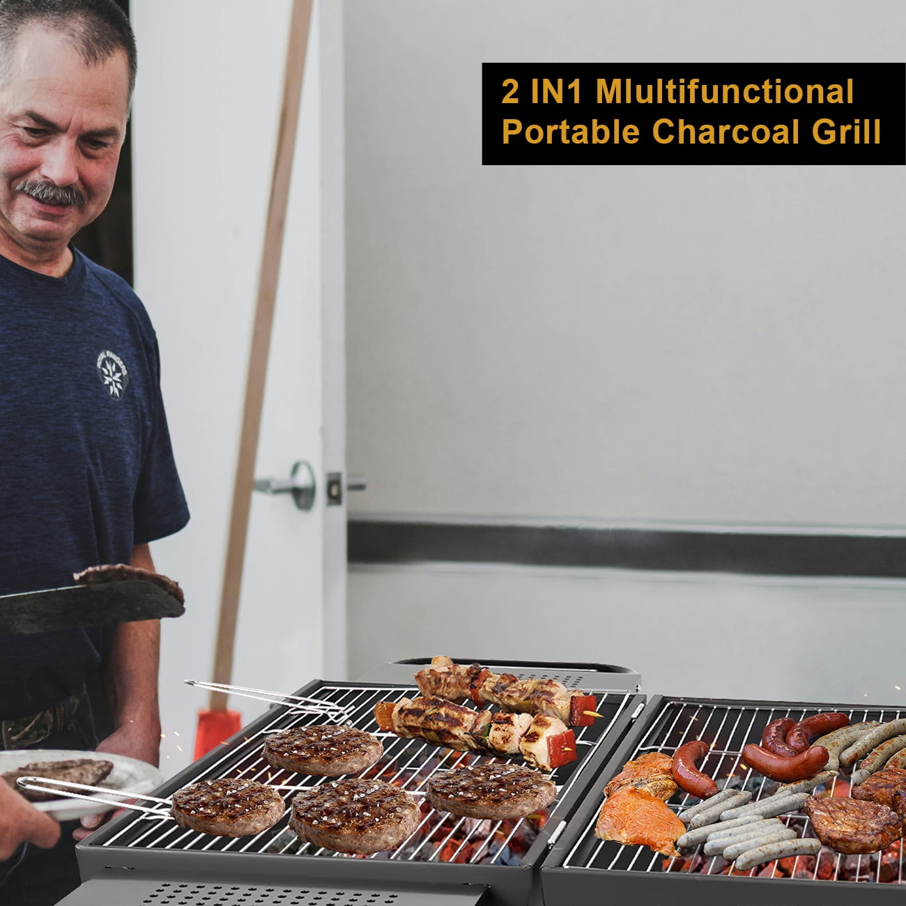Linsen-Outdoors Double Charcoal Barrel Grill with Dual Side Shelves (Black, Large) 5yds8