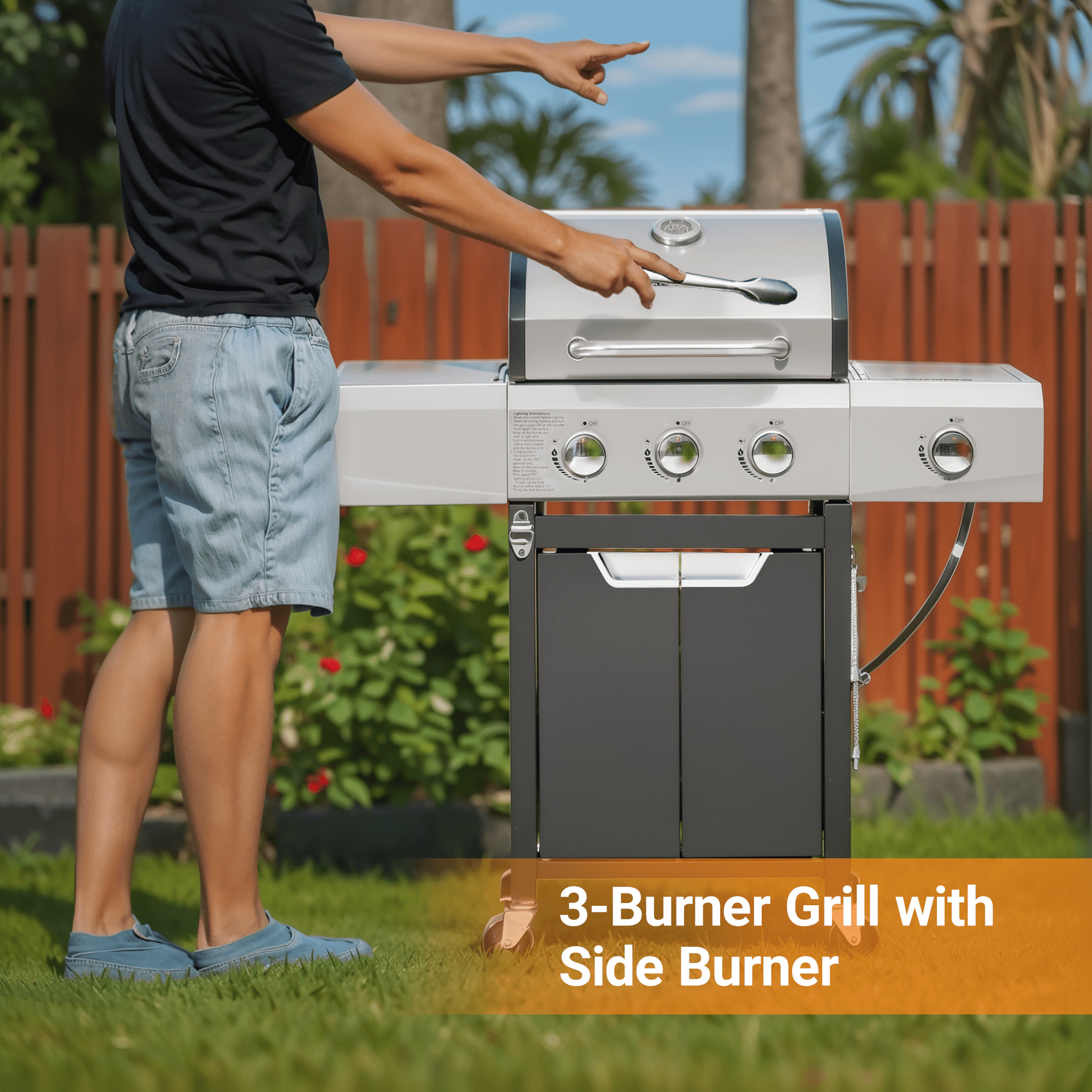 Syngar 3-Burner Propane Gas Grill with Side Burner, 40,500 BTU Outdoor BBQ Grill, Stainless Steel Construction (Silver, 287 sq.in. Cooking Area) wjg2k