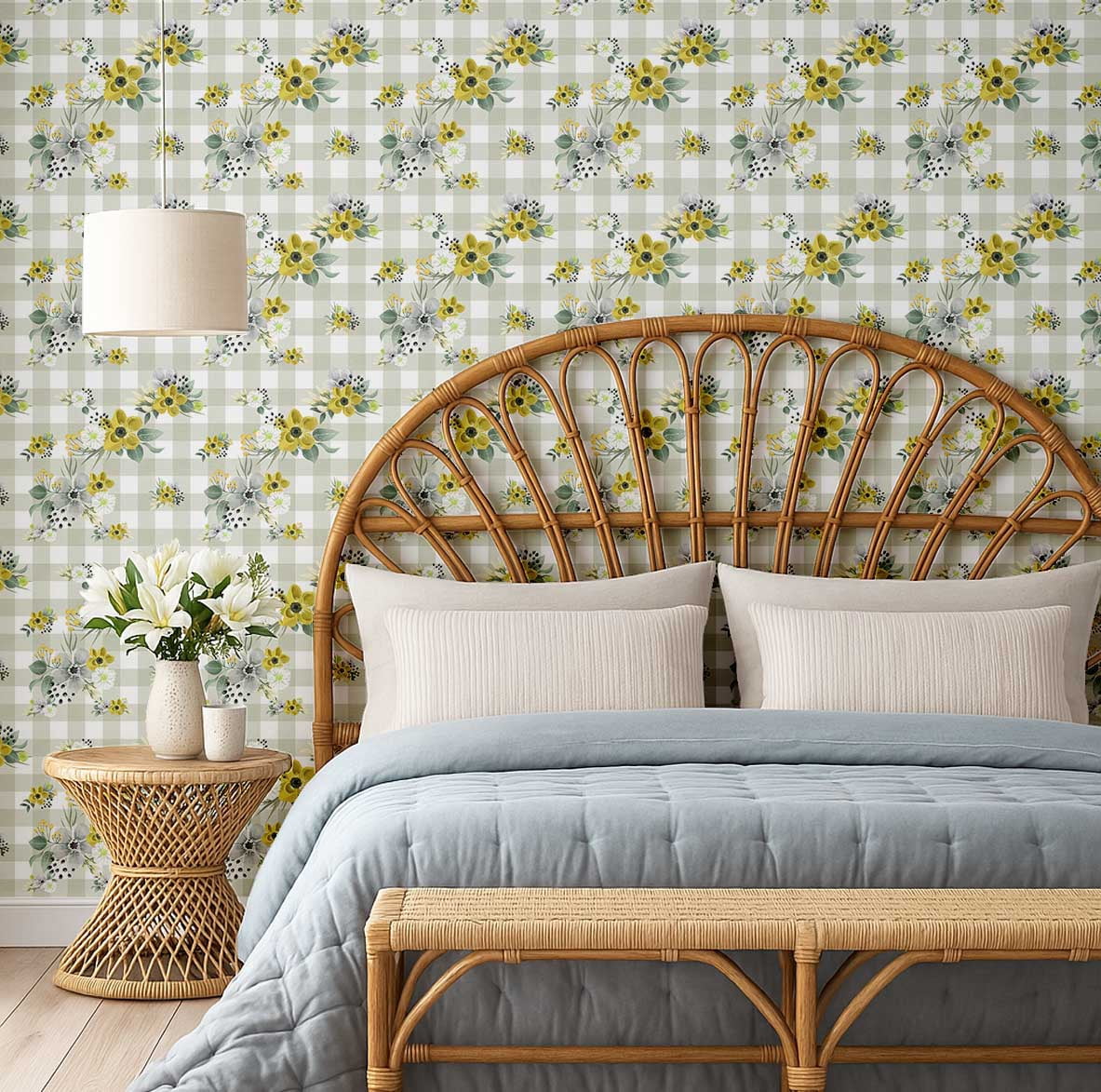 S4Sassy Floral Plaid Wallpaper Self-Adhesive Vinyl Wall Covering (Yellow, 25 in x 120 in) ysau0