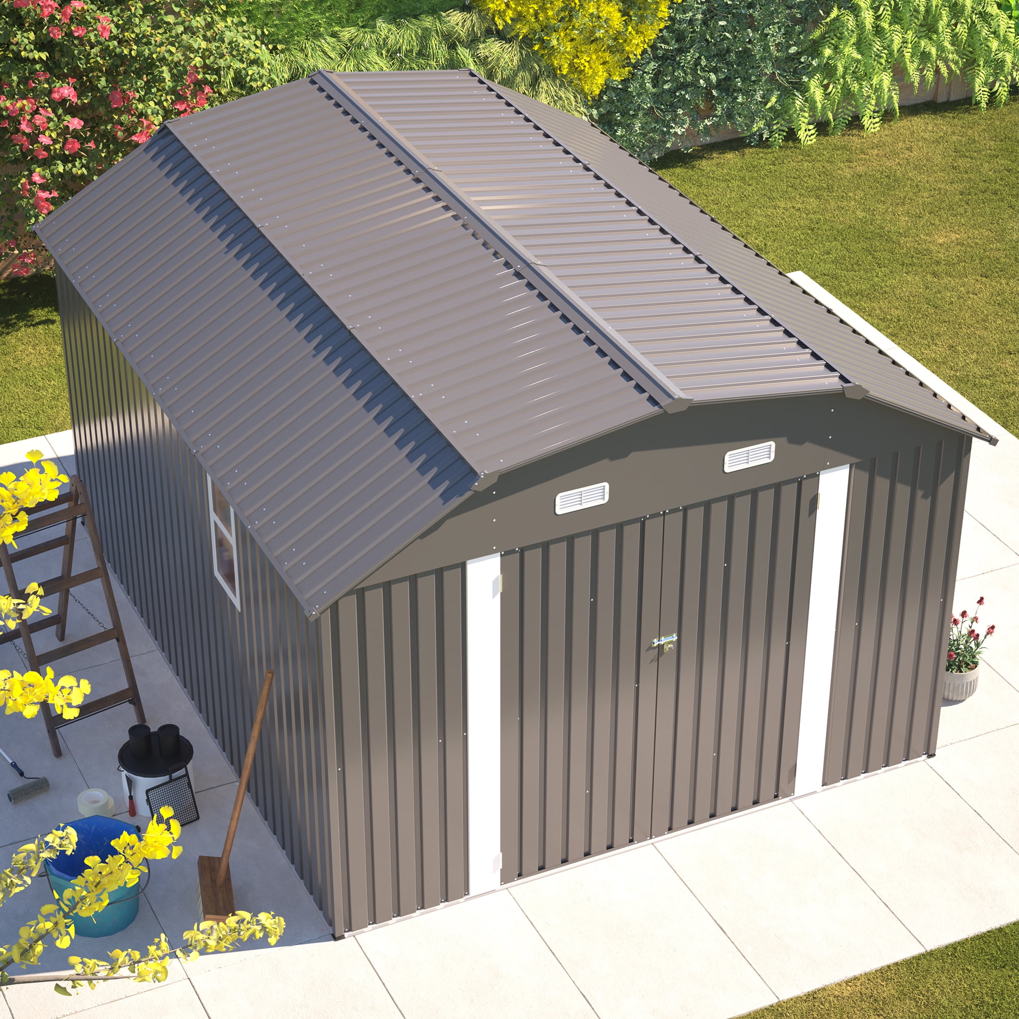 LZBEITEM Metal Outdoor Storage Shed with Floor Frame Kit, Heavy-Duty Garden Tool Shed with Lockable Door and Window (Grey, 10 ft x 12 ft) zqgpg