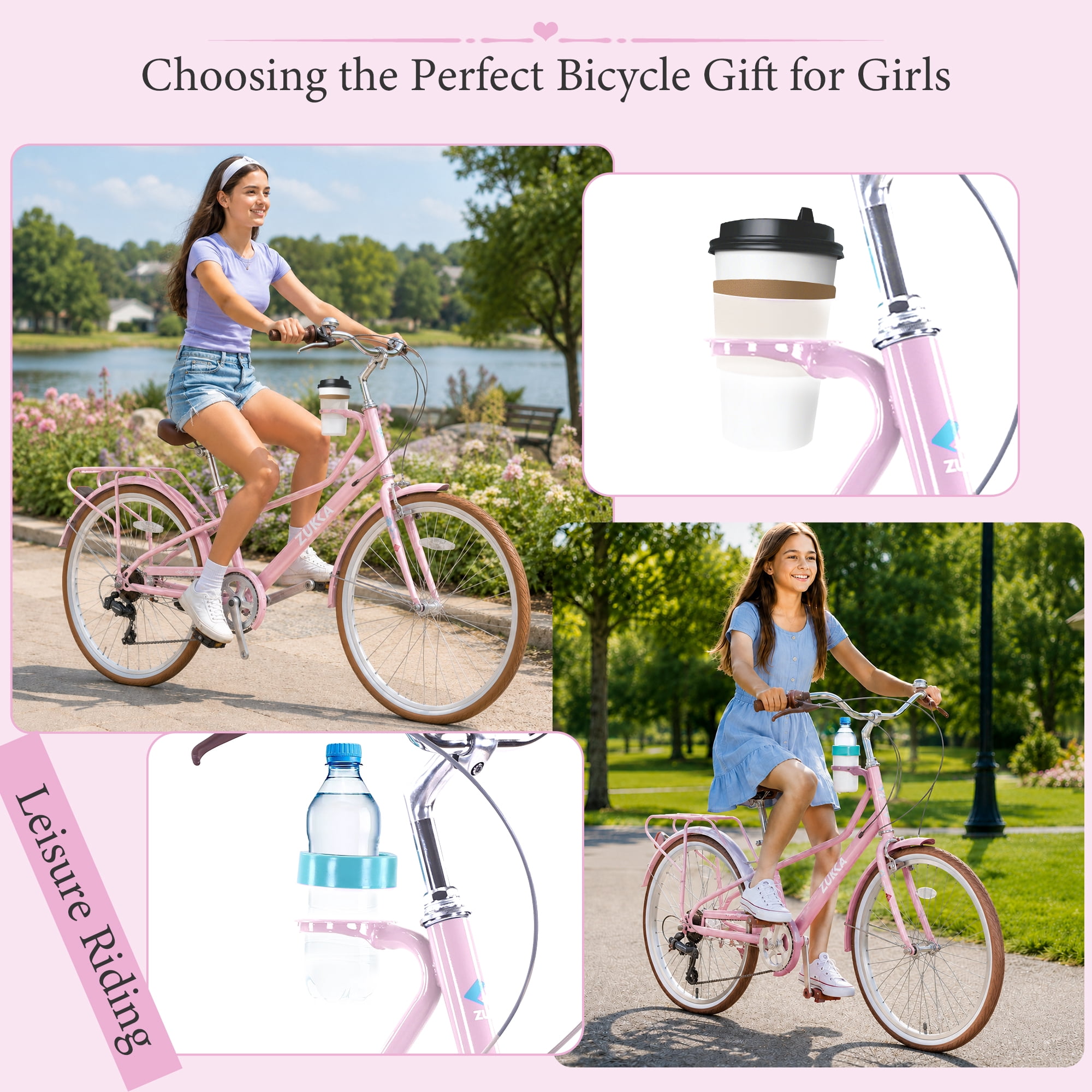 MEGHNA 24-inch Cruiser Bike 6-Speed Steel Frame Commuter Bicycle with Rear Rack and Cup Holder (Pink, 24 in) xhoso