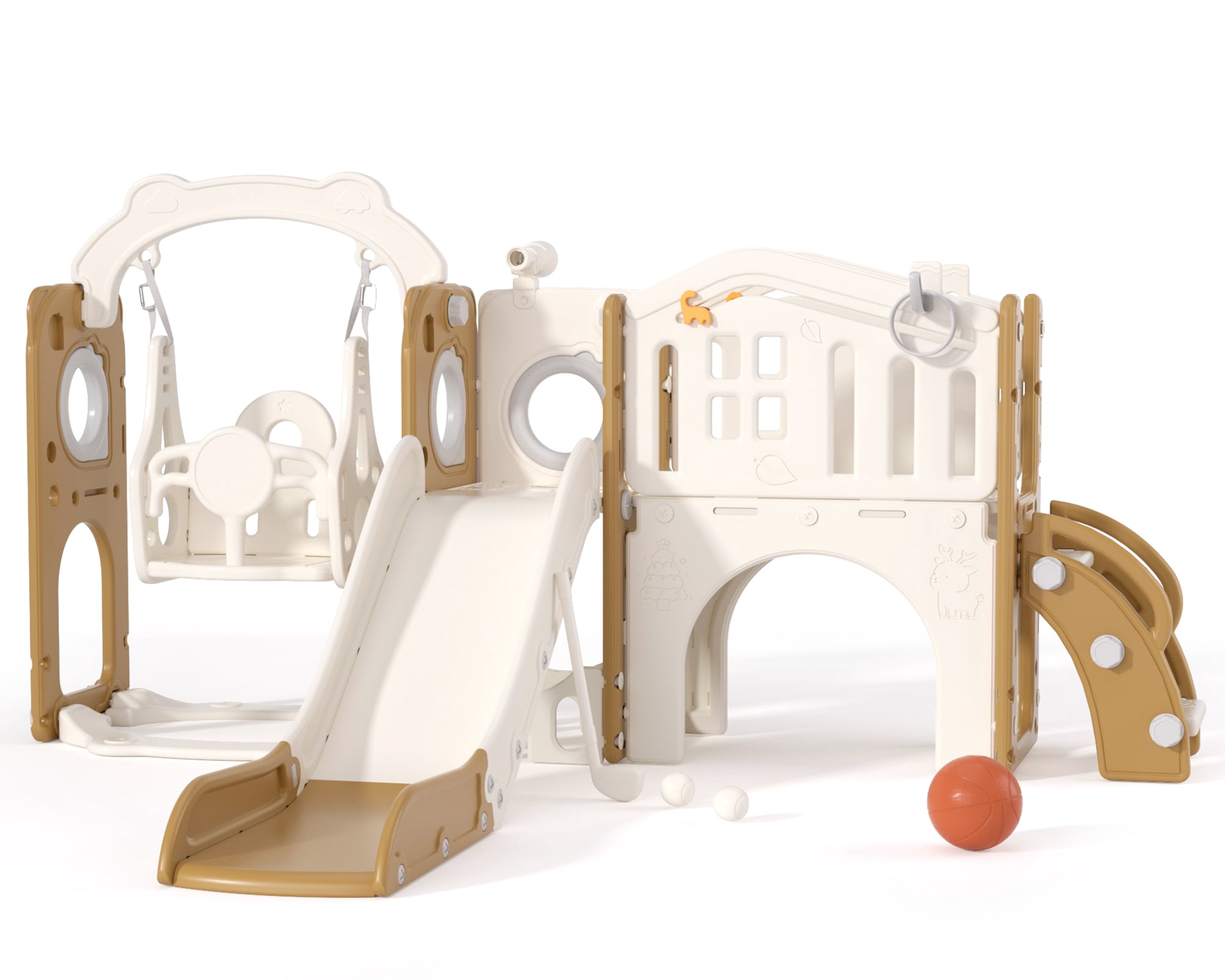 XJD 11-in-1 Toddler Slide and Swing Set, Indoor Outdoor Playground Playset with Basketball Hoop and Climbing Zone (Coffee, 1 Unit) hvqr9