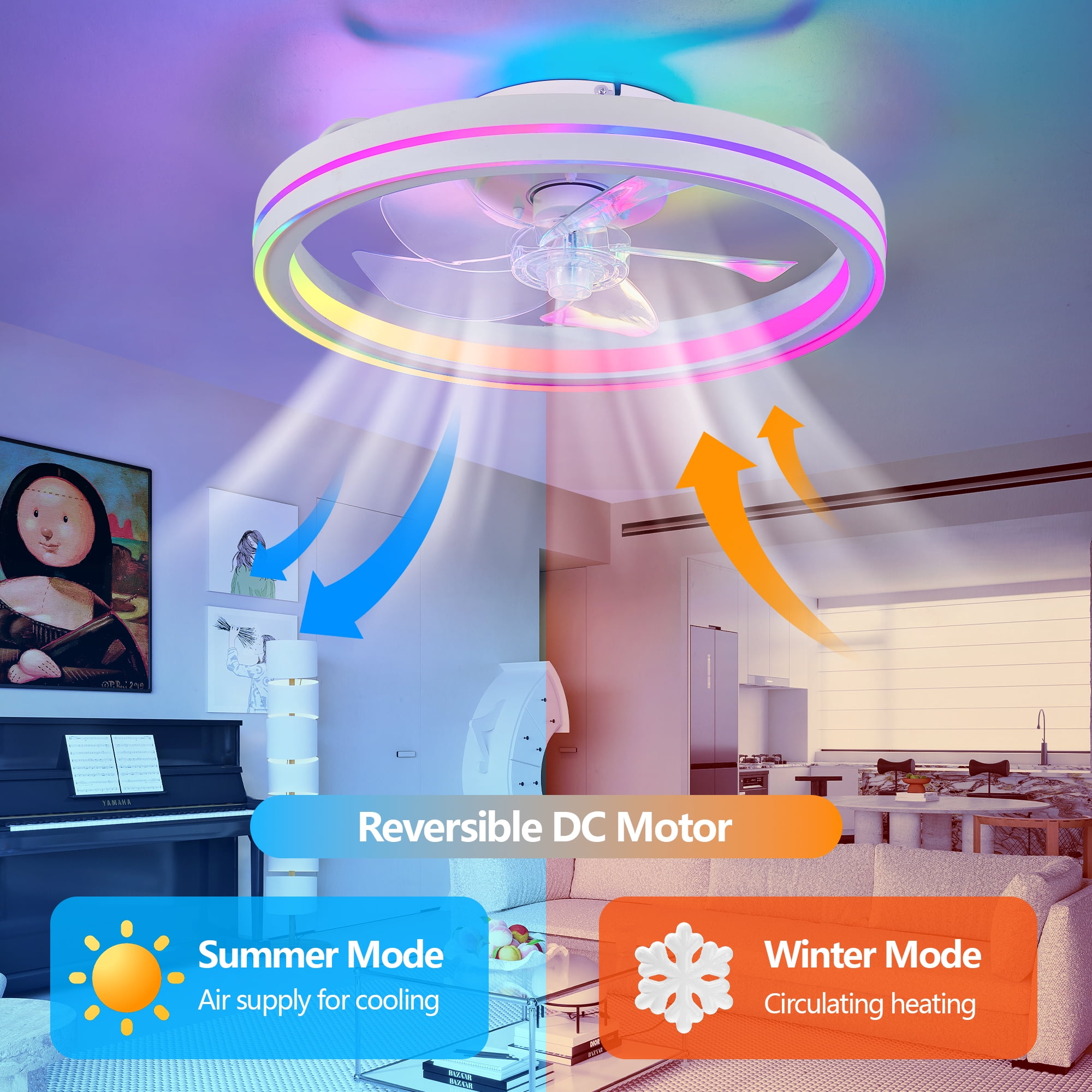 MQJIAZHI 19-inch RGB Bladeless Ceiling Fan with Light, Modern Flush Mount Fandelier with Remote and App Control (19 in) bj7uo