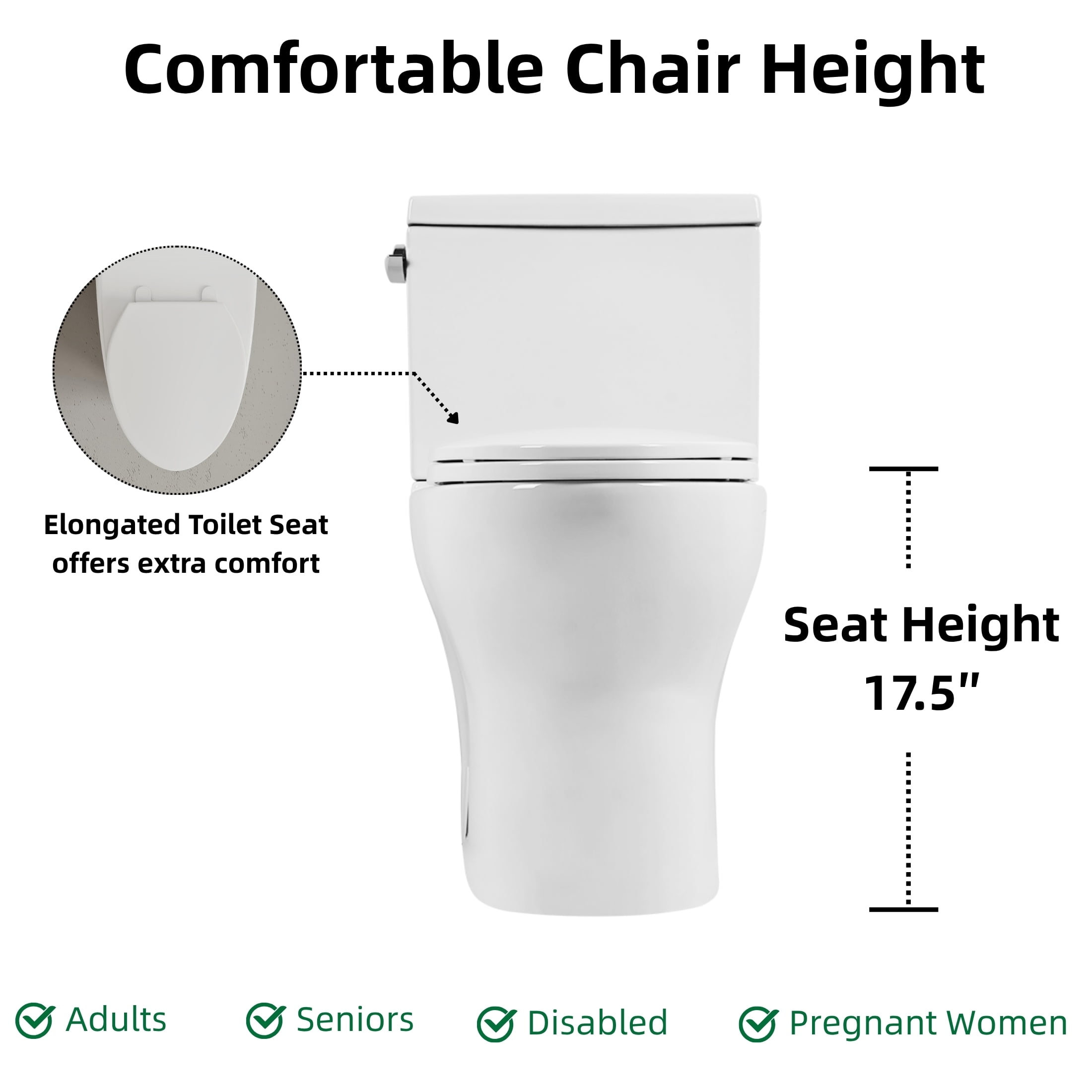 Los Flexi Modern Elongated Two-Piece Toilet, ADA Comfort Height with Soft-Close Seat (White, 17.5 in) kldv5