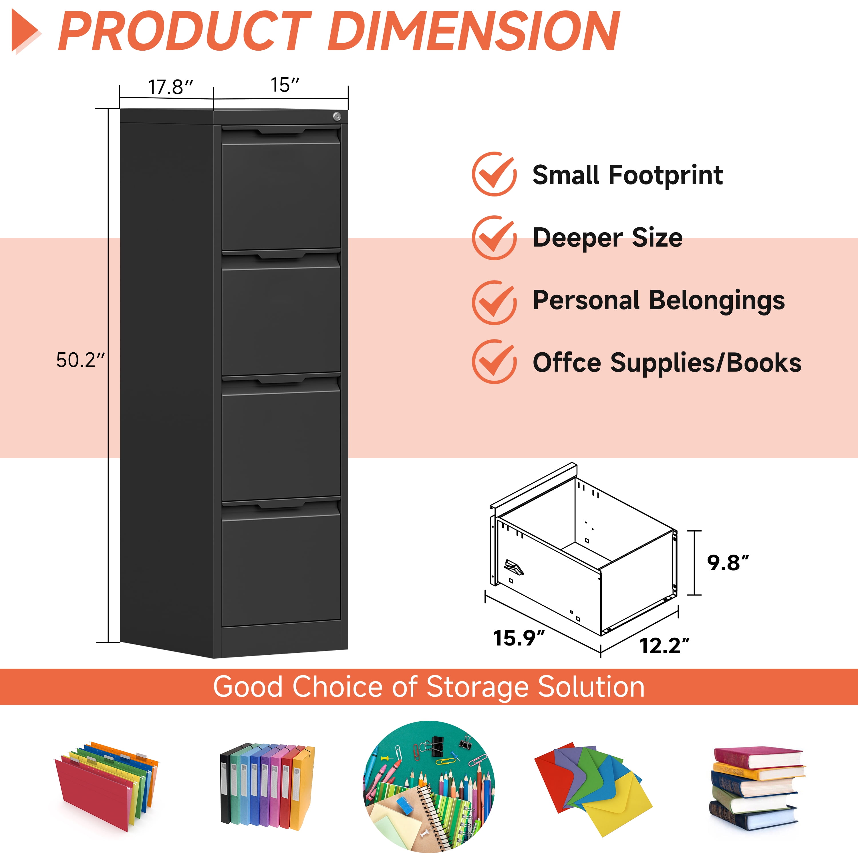 Kooyon 4 Drawer Metal File Cabinet with Lock, Heavy-Duty Home Office Filing Storage (Black, 17.8 in Deep) tyn09