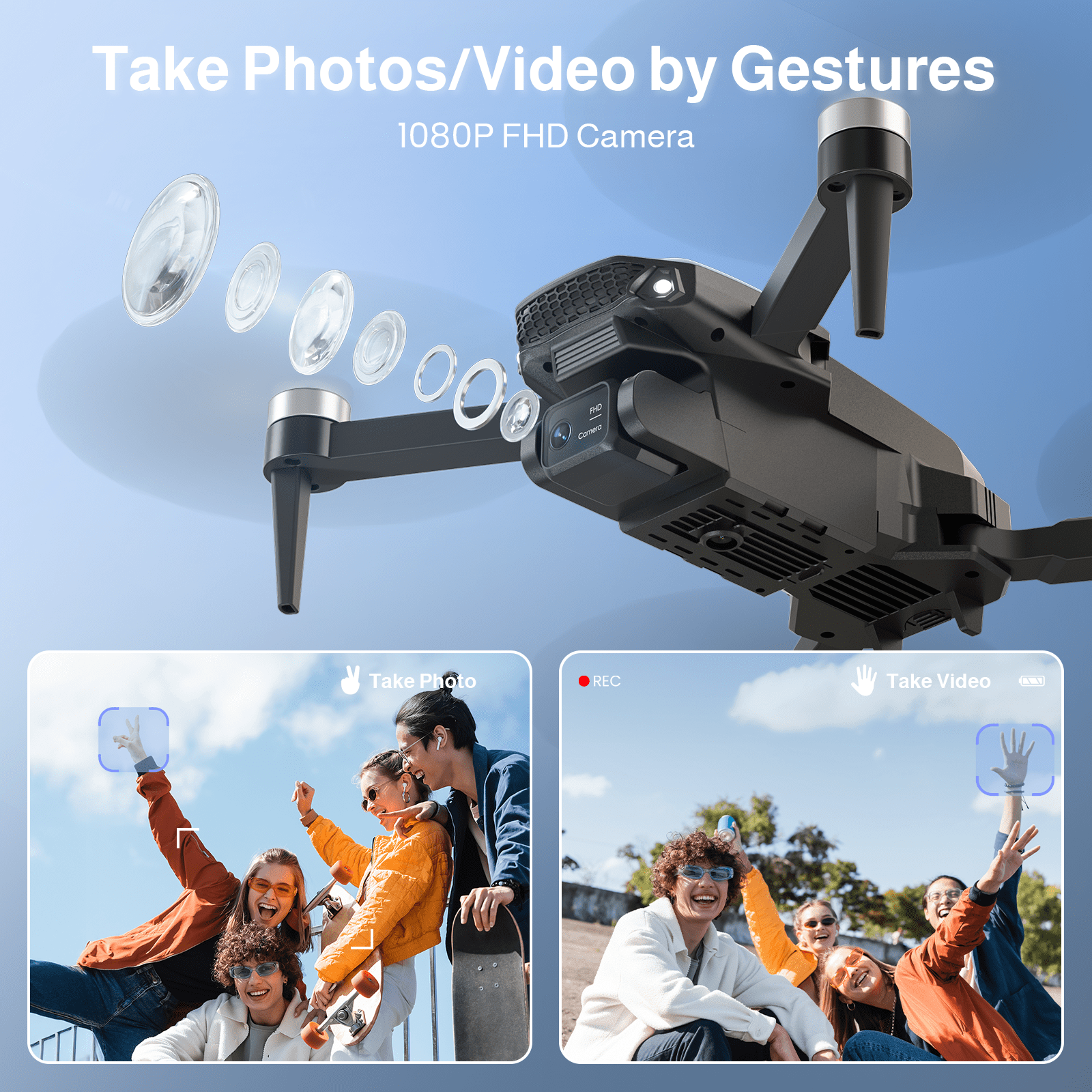 SNAPTAIN S5C WiFi FPV Drone with 720P HD Camera, Voice and Gesture Control, RC Quadcopter for Beginners (Black, 13.4 x 13.4 x 3.7 in) 469i8