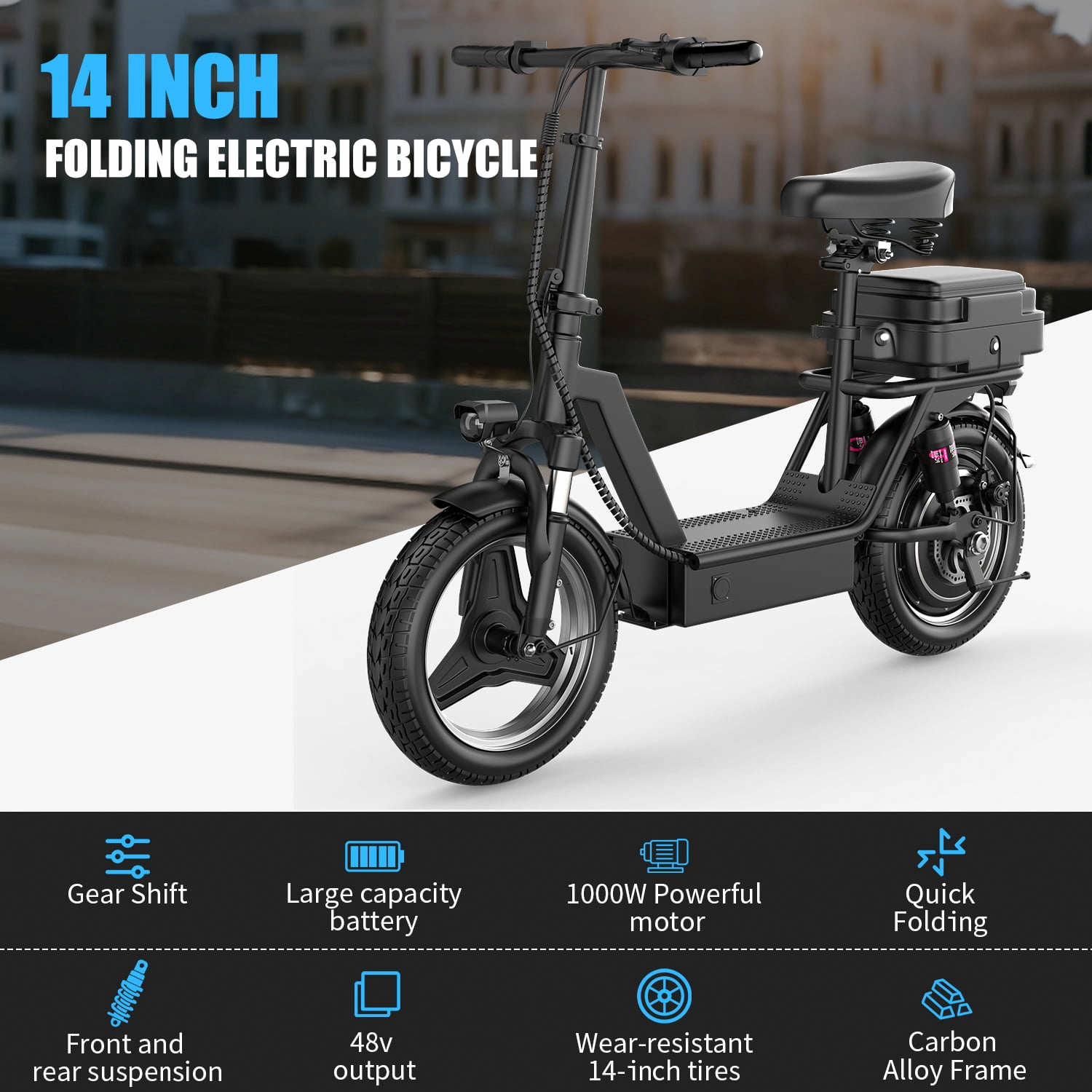 AZHAR Electric Scooter with Seat, 1200W Motor, 25 MPH Max Speed, 45 Mile Range, Dual Shock Absorption, 14 in Tires (Black, 350 lb Capacity) 5dzpo
