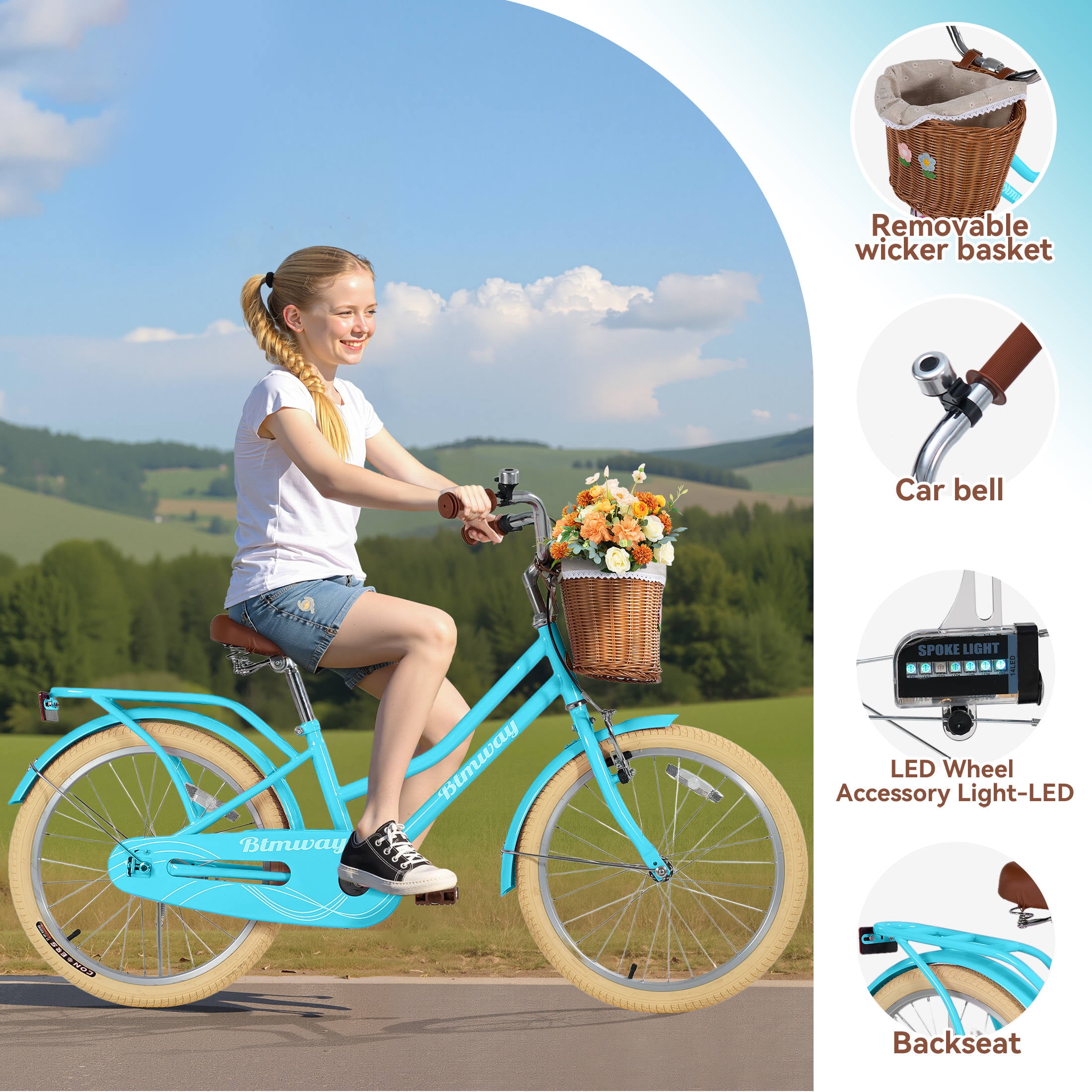 COCLUB 20 Inch Kids Beach Cruiser Bike with Basket and Wheel Lights (Green, 20 in) o05ua
