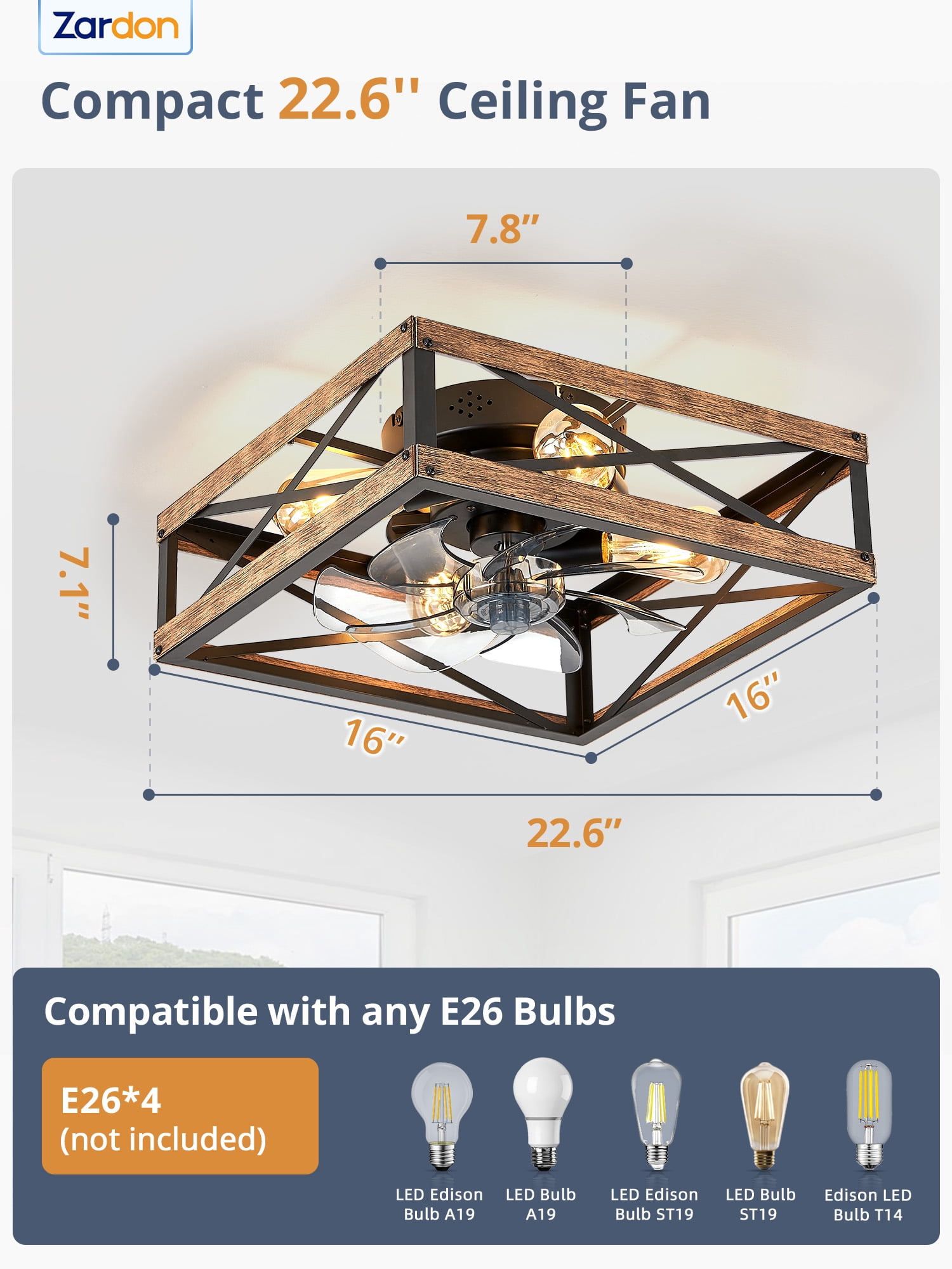 Zardon 16 in Low Profile Caged Ceiling Fan with Light and Remote Control (Brown Wood, 20 in) 7ewbv