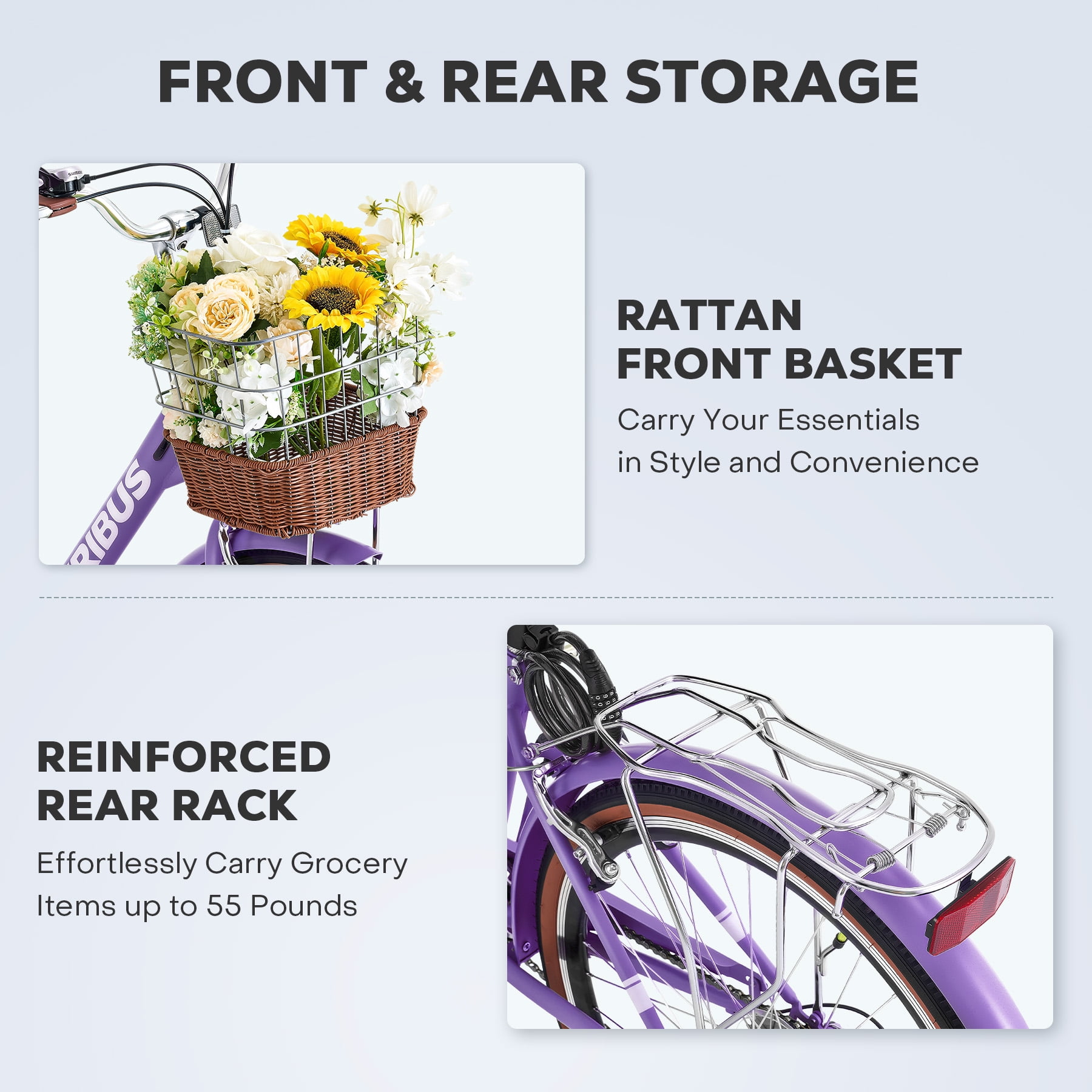 Viribus 24 in Beach Cruiser Bike for Women, 7-Speed City Bicycle with Basket and Rack (Purple, 24 in) 1qztg