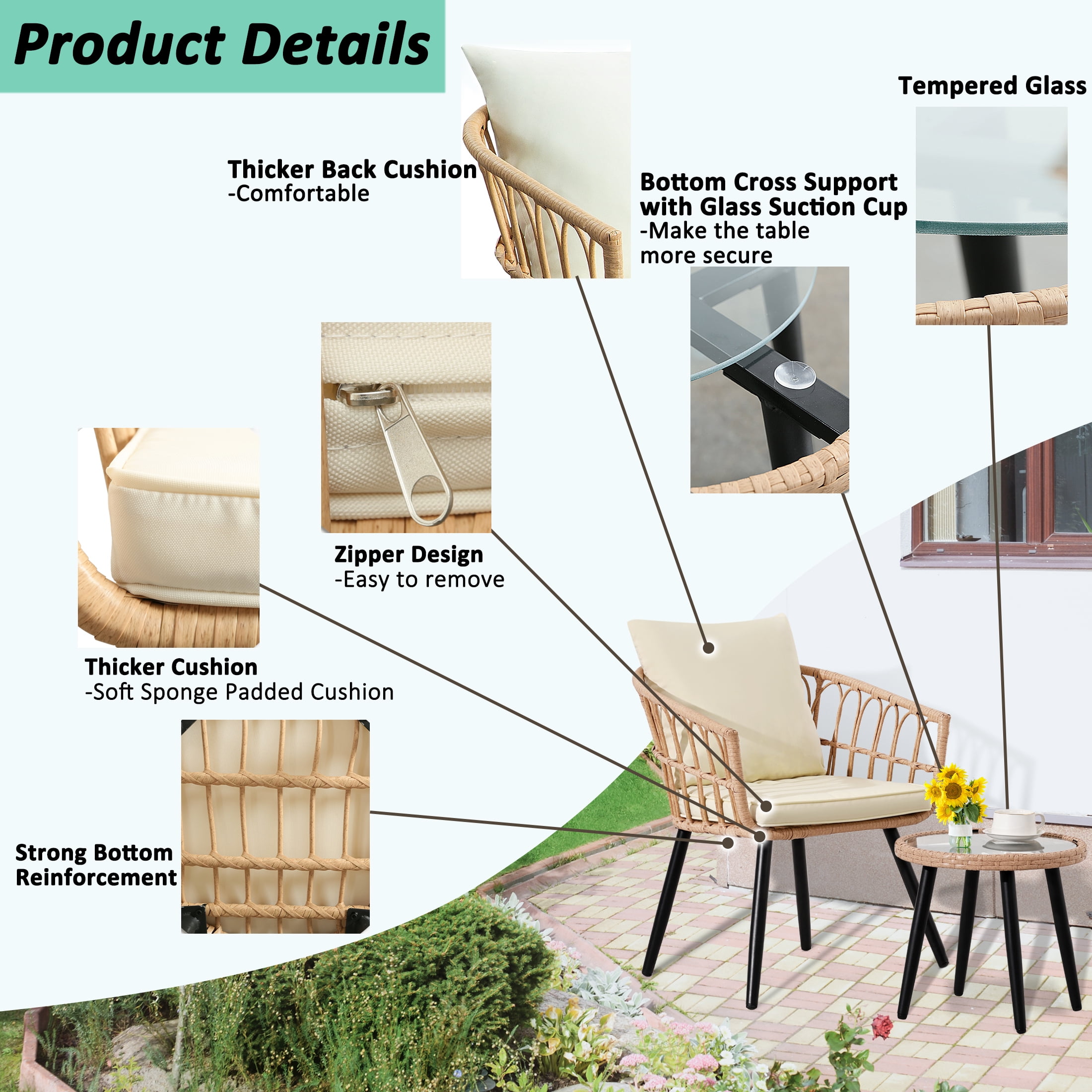 Ainfox 3-Piece Outdoor Wicker Bistro Set, All-Weather Rattan Chairs with Washable Cushions and Tempered Glass Table (Beige, 3-Piece Set) fsrfz