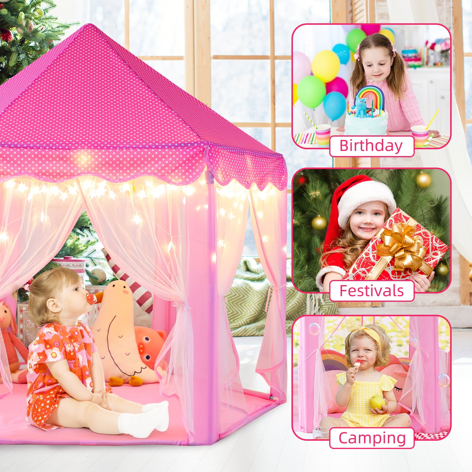 Wilwolfer Princess Castle Kids Indoor Play Tent, Hexagon Fabric Playhouse with Star Lights (Pink, Large) xa3zu