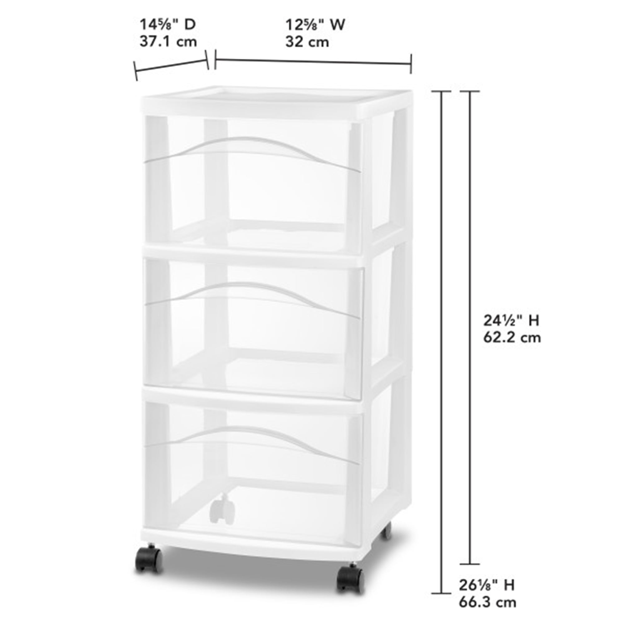 Sterilite 3 Drawer Rolling Storage Cart, Plastic Home Organizer with Smooth-Glide Casters (White, 2 Pack, 14.625 in x 12.625 in x 24.5 in) wl53a