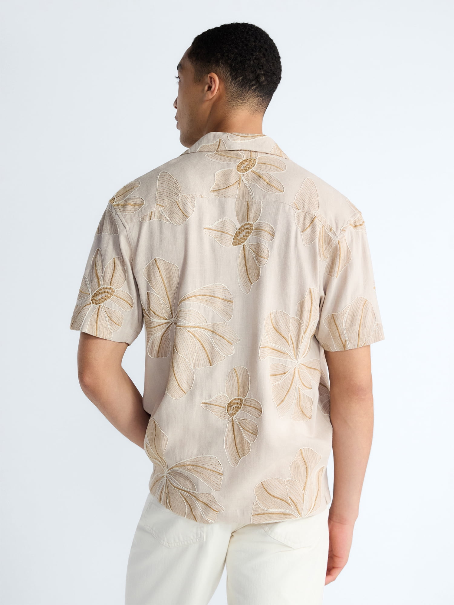 Free Assembly Men's Embroidered Linen Blend Camp Shirt Short Sleeve Button-Up (White, XS) raaxc