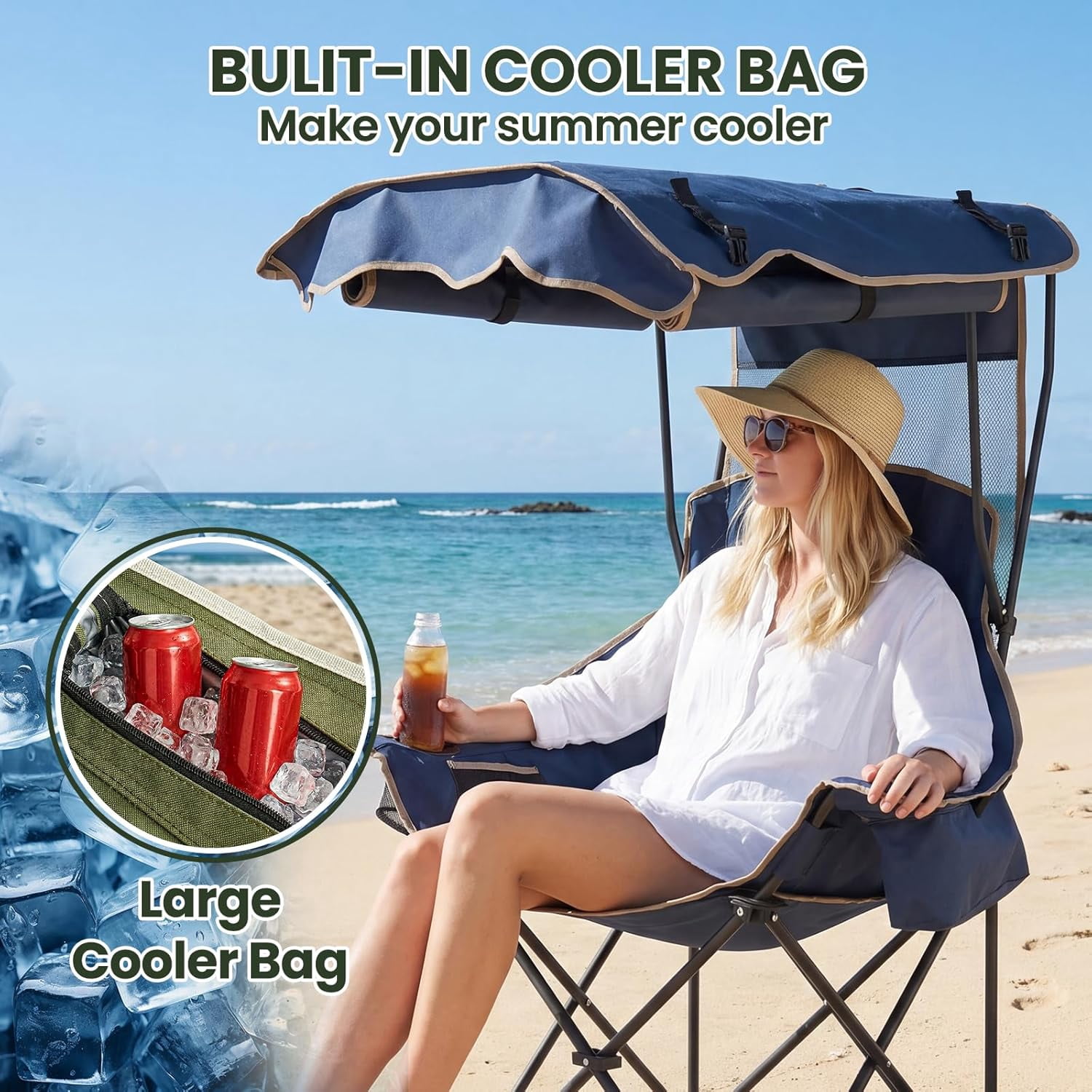 ABORON Camping Chair with Canopy, Folding Portable Beach Lounge Chair with Cooler Bag and Cup Holder (Blue, One Size) 3gkl5