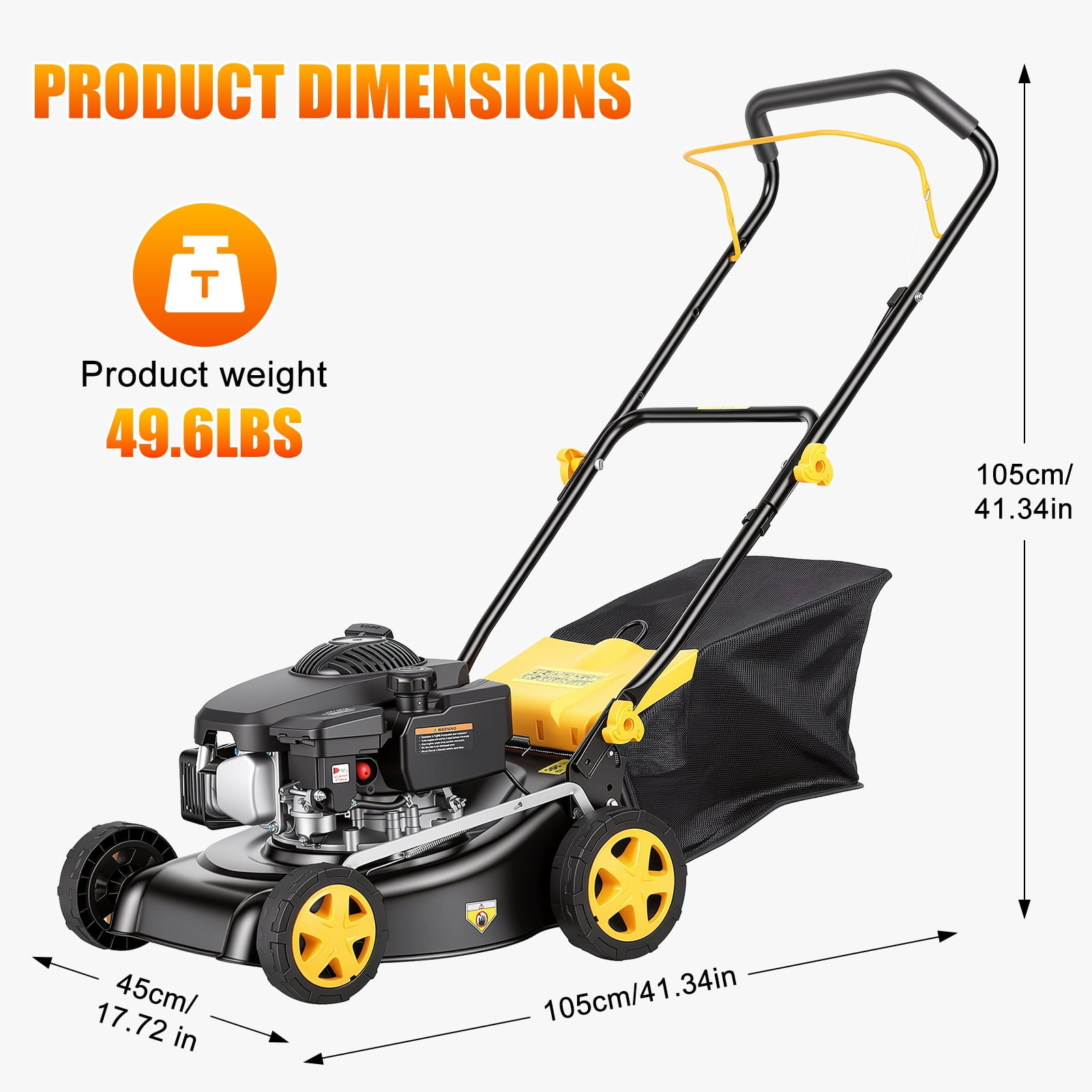 Lanzxjv 16 in Gas Self-Propelled Lawn Mower, 3-in-1 Mulching and Bagging Mower with Large Wheels (Yellow, 12 gal) di8g0