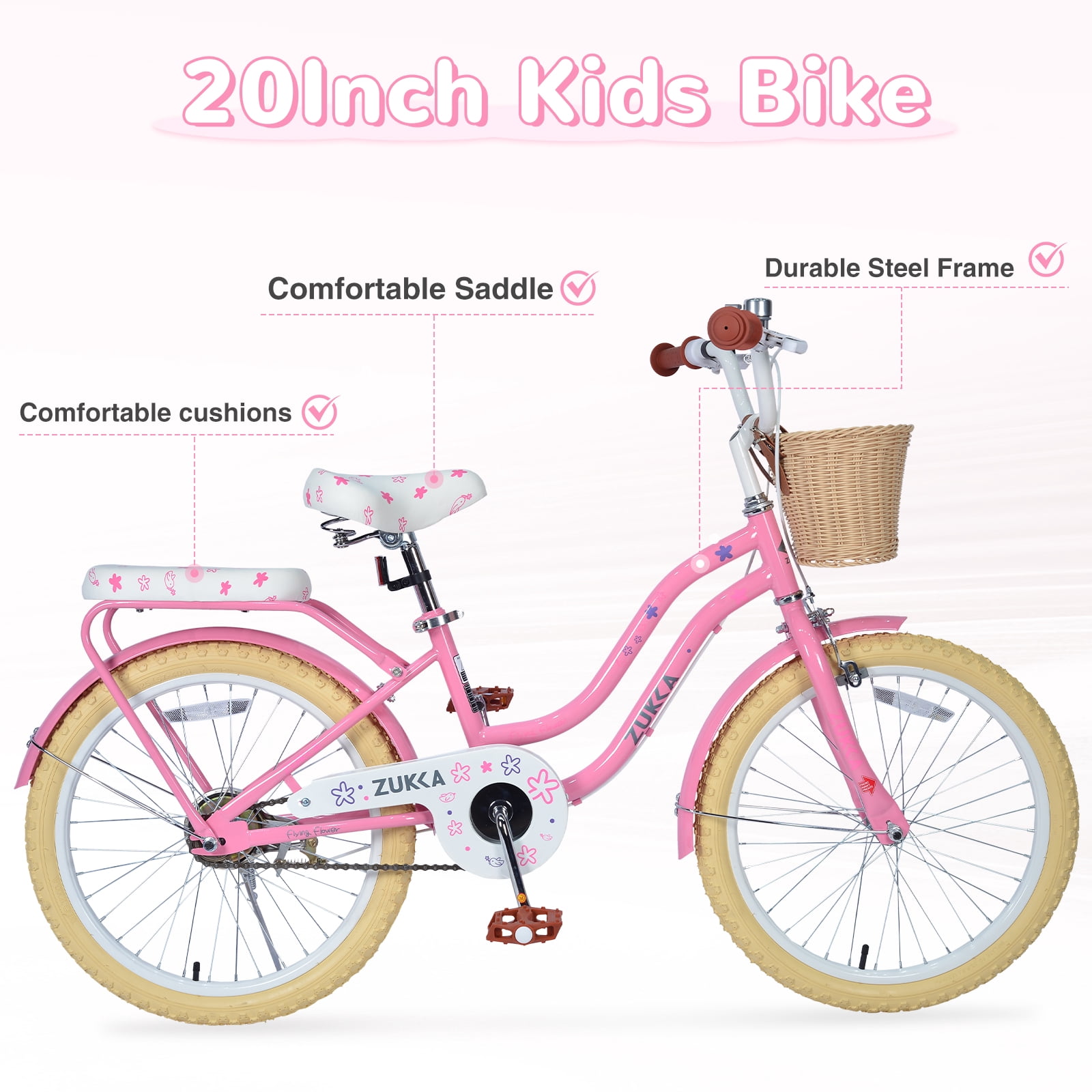 Aukfa Girls 20 in Bicycle with Basket, Durable Steel Frame Kids Bike (Pink, 20 in) cflik