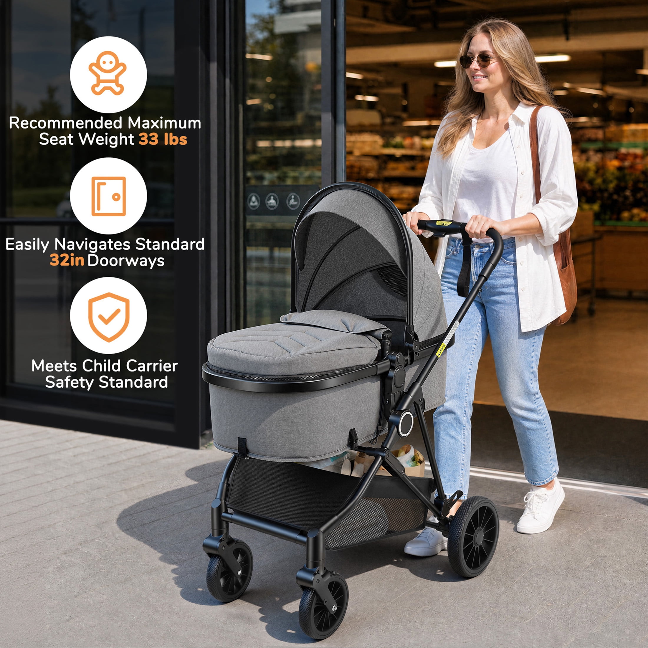 Vomeast Foldable Lightweight Travel Stroller with Reversible Seat and 5-Point Harness (Grey, 33 lb Capacity) 1lvg6