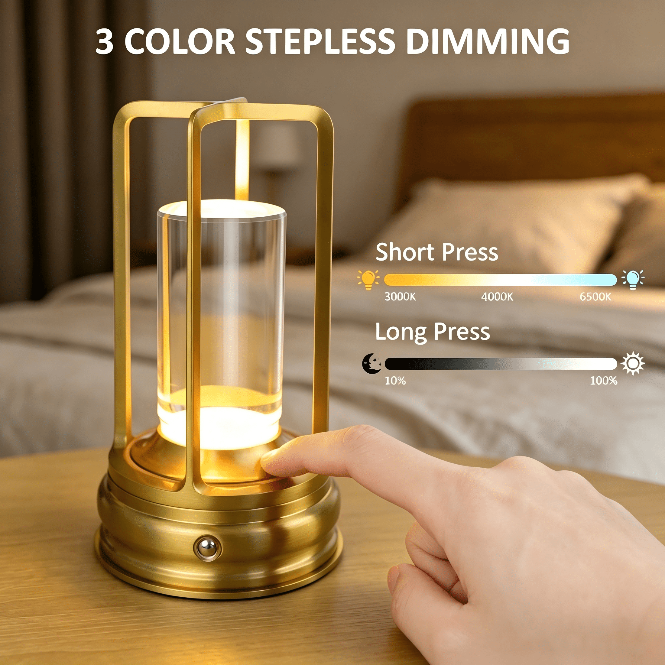 Cpeelsdo Cordless LED Table Lamp, Rechargeable Portable Metal Desk Light with Touch Control and 3-Color Dimming (Gold) hvqjo