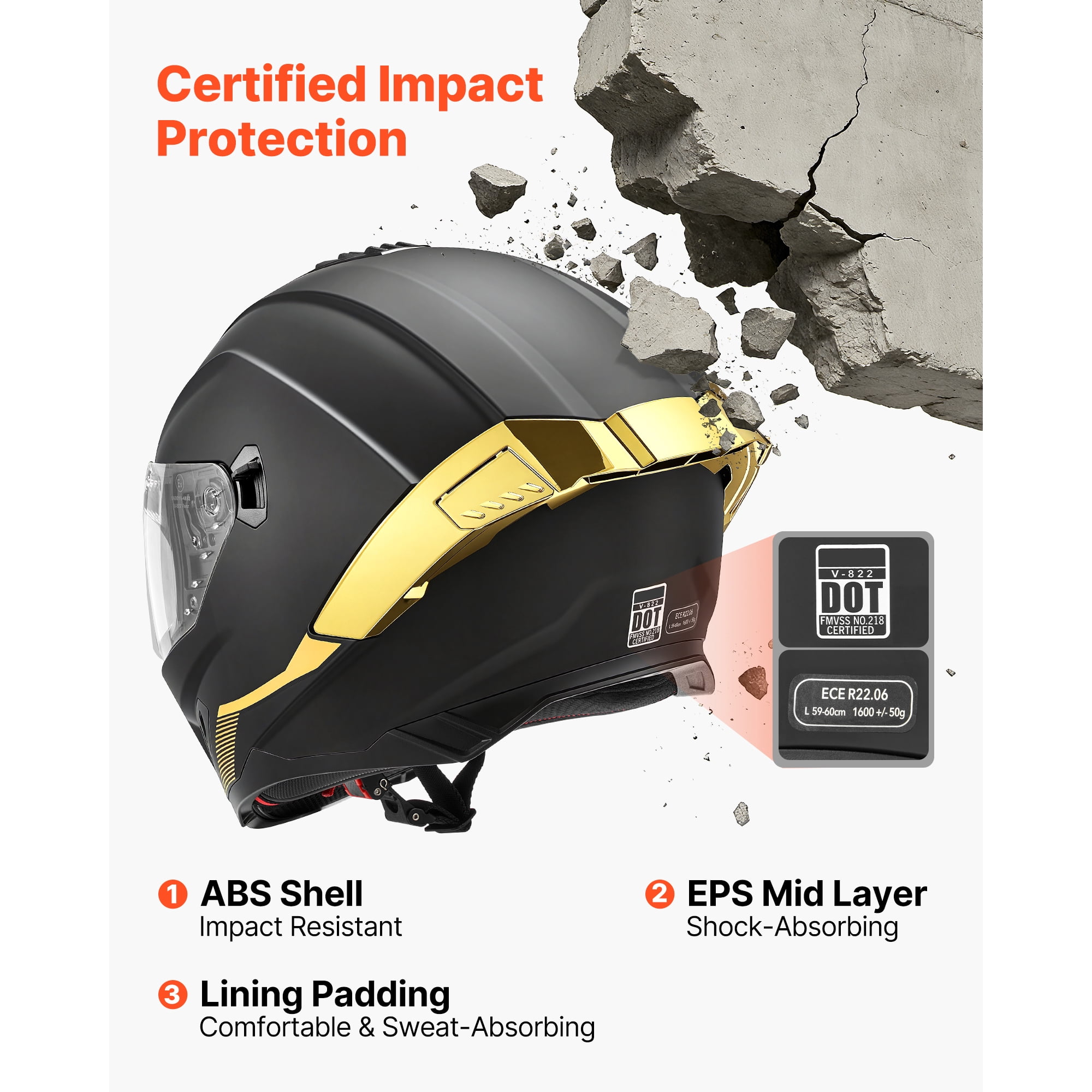 KFFKFF Full Face Motorcycle Helmet with Dual Visor, DOT & ECE Certified Street and Dirt Bike Gear (Black, Large) rta0n