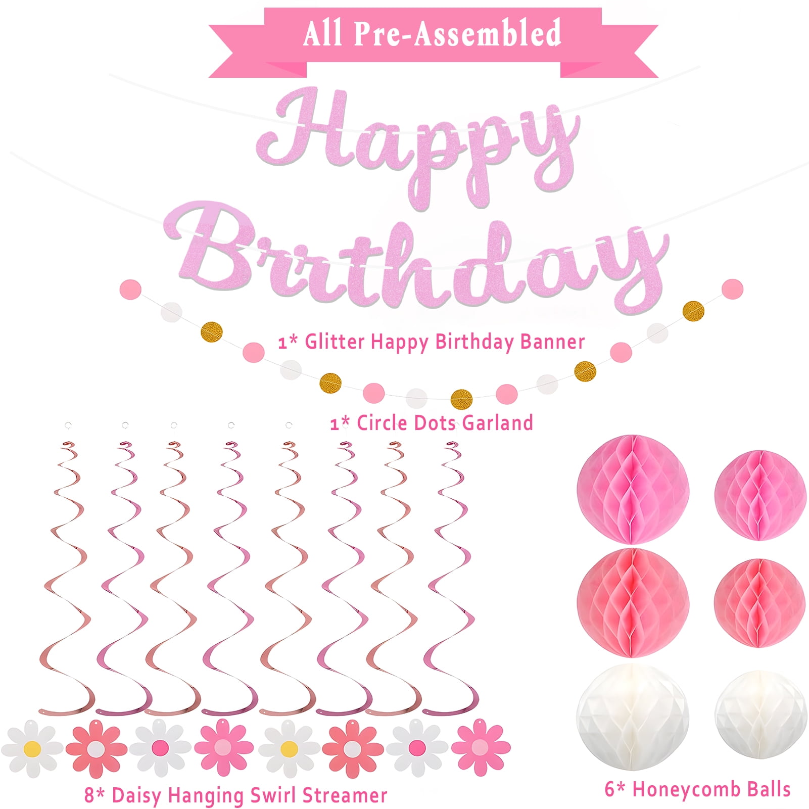 KiddiTouch Happy Birthday Party Decorations Set, Pre-Strung Banner with Honeycomb Balls and Hanging Swirls (Pink, 16-Piece Set) fb5cy