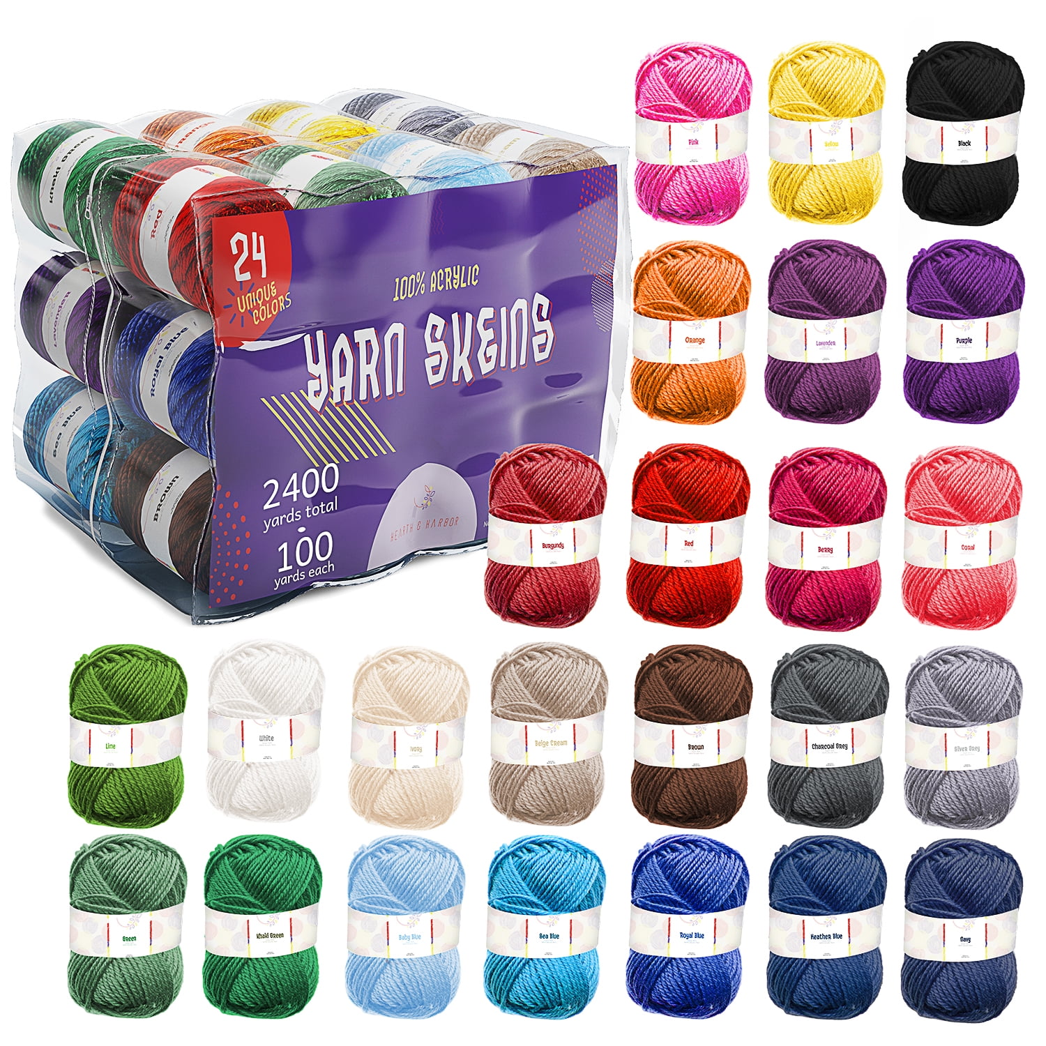 Hearth & Harbor Acrylic Yarn for Crochet, Soft Worsted 4-Ply Crafting Set (Assorted Colors, 24 Pack) 6c6gq