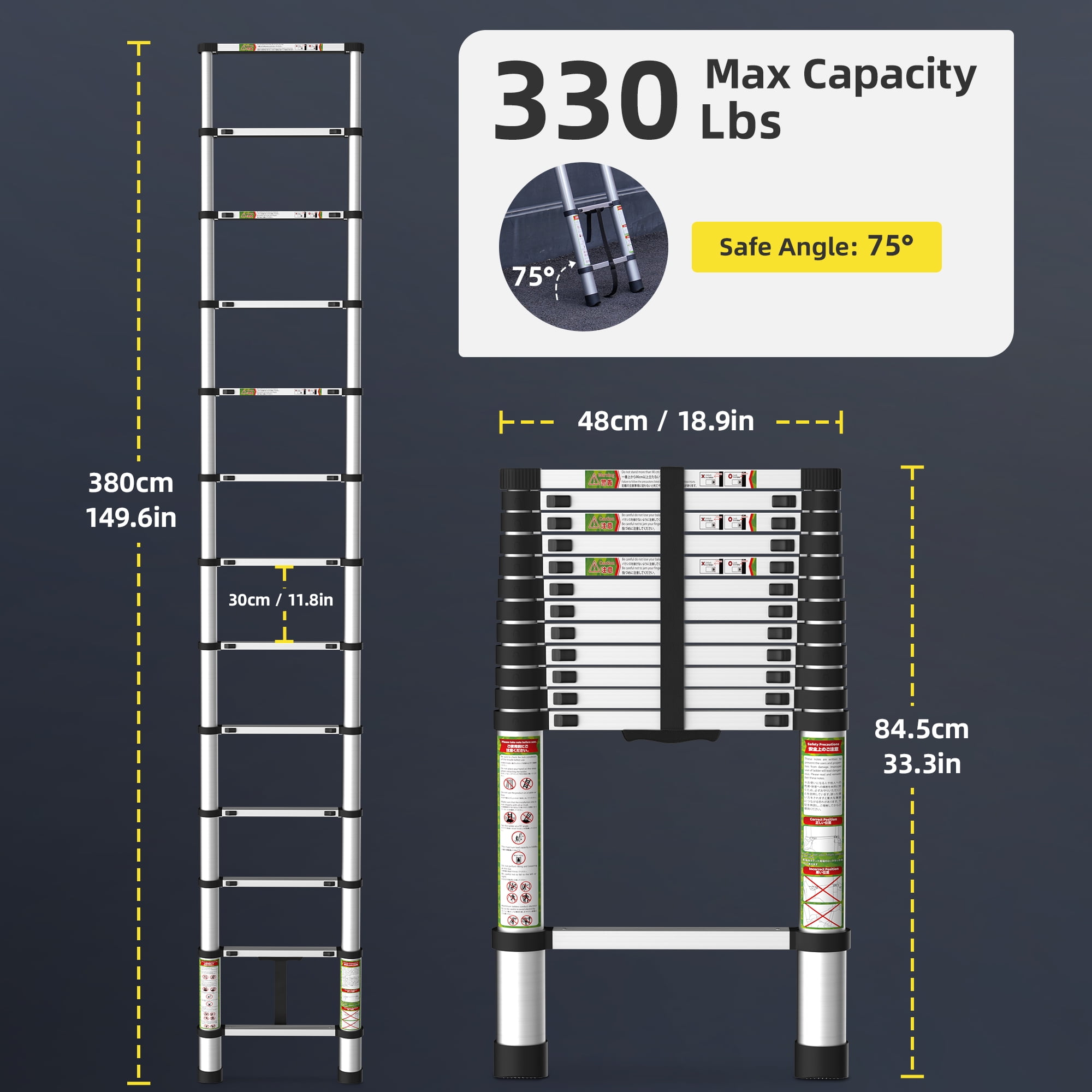 Primy 12.5 ft Telescoping Ladder, Aluminum Collapsible Extension Ladder with One-button Retraction (Silver, 330 lb Capacity) bdl6h