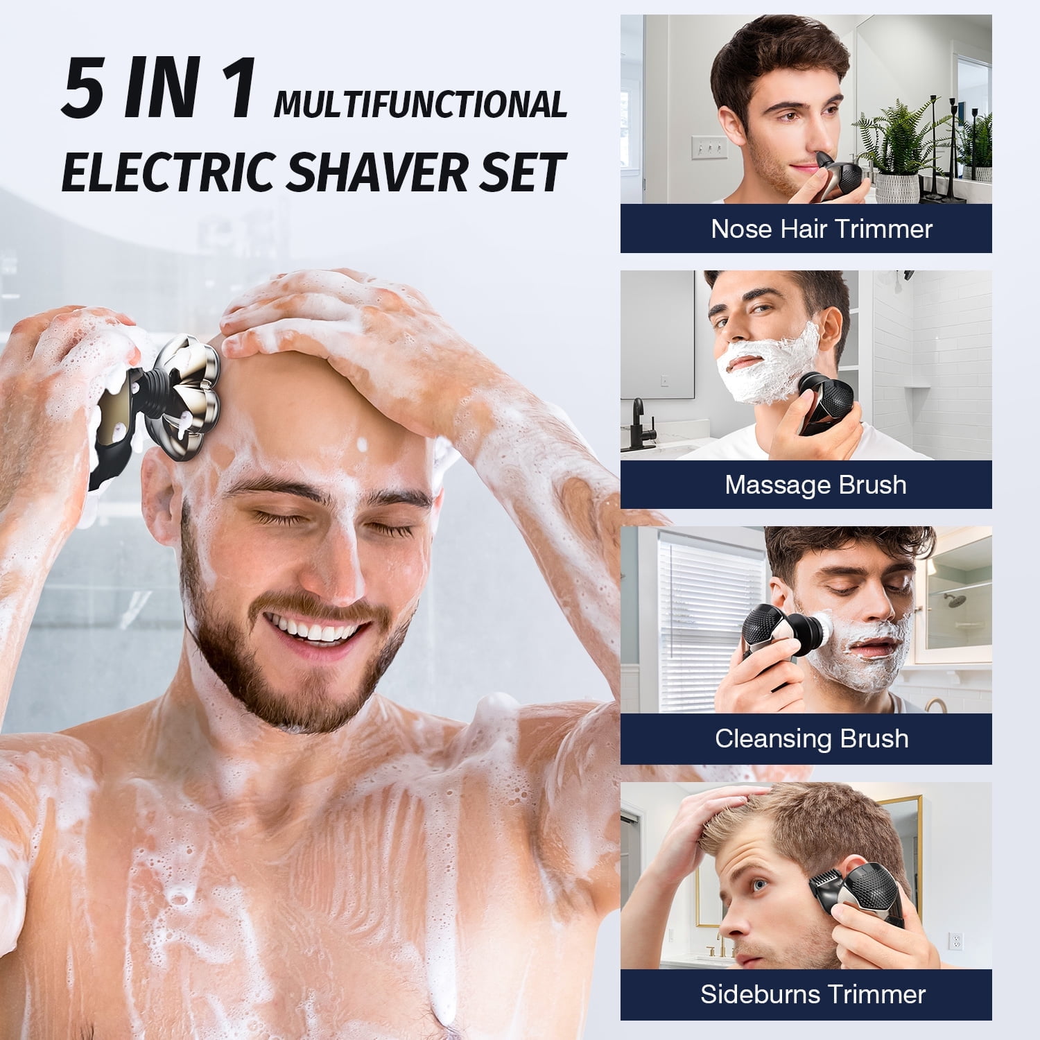 Nogroa 7D Rotary Head Shaver for Bald Men, 5-in-1 Electric Grooming Kit, Waterproof Cordless Razor (Black, 1 Kit) gw4ql