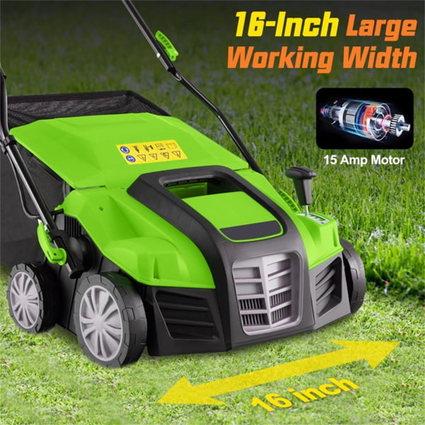 imerelez Corded Electric Lawn Dethatcher, 15 Amp Motor with 16-inch Cutting Width, Grass Collection Bag (Green, 14.5 gal) mrc0w