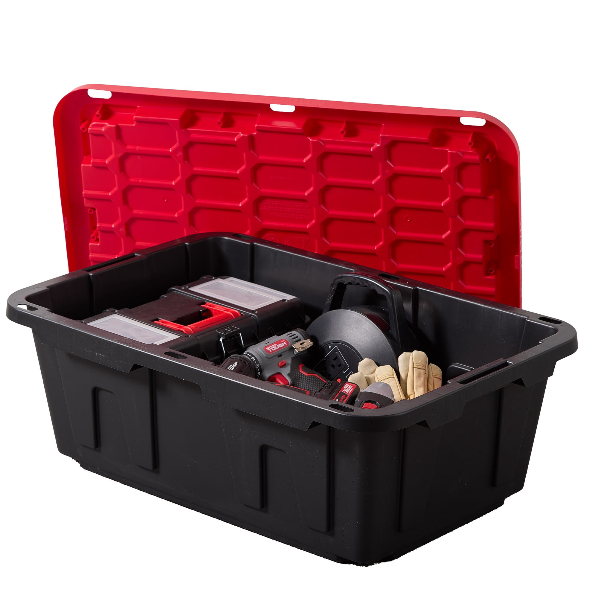 Hyper Tough 17 Gallon Heavy Duty Plastic Storage Bin with Snap Lid (Black and Red, 17 Gallon) osn3w