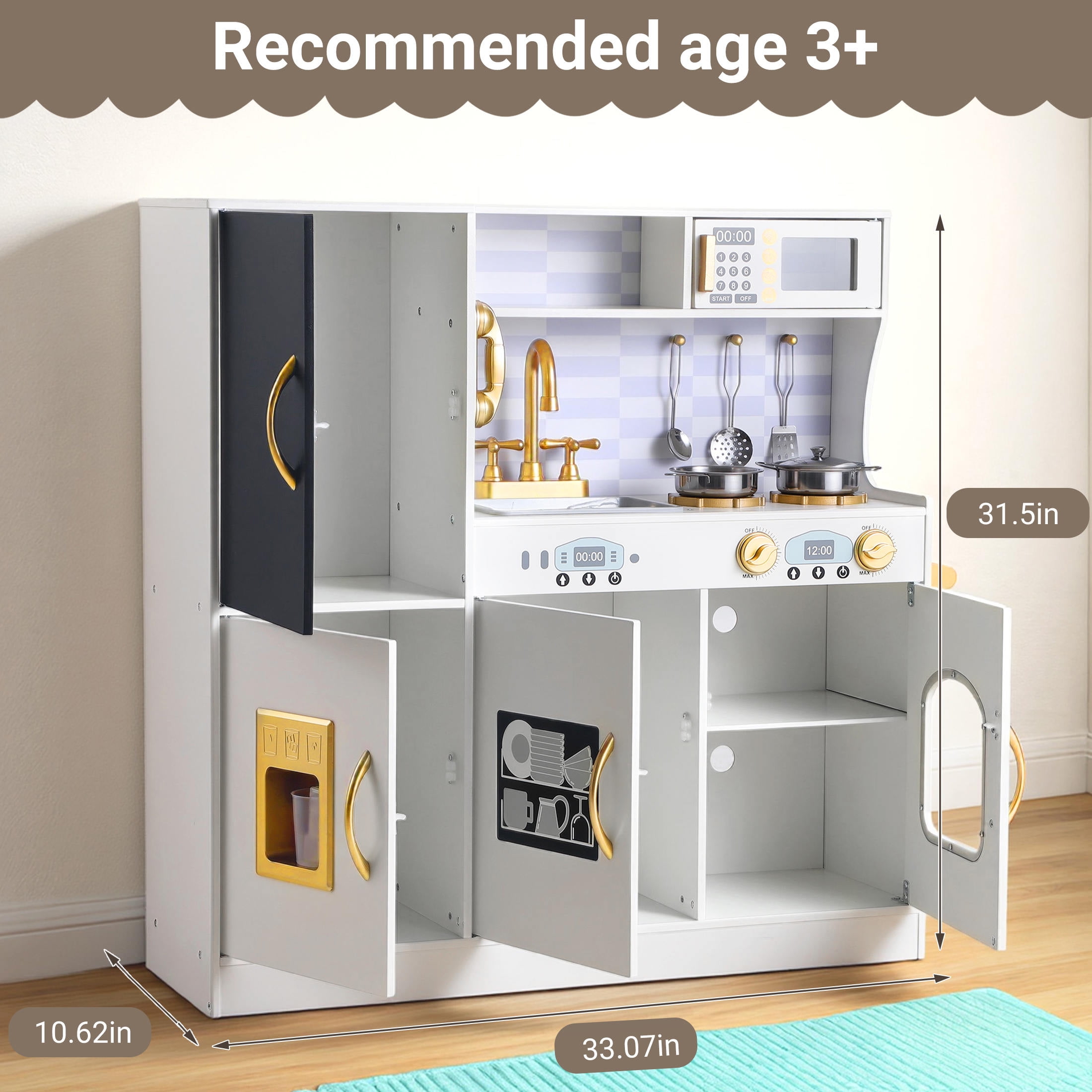 COCLUB Wooden Kids Play Kitchen Set with Chalkboard, Ice Maker, and Cookware Accessories (White, 33.07 in x 10.62 in x 31.5 in) zl9uh