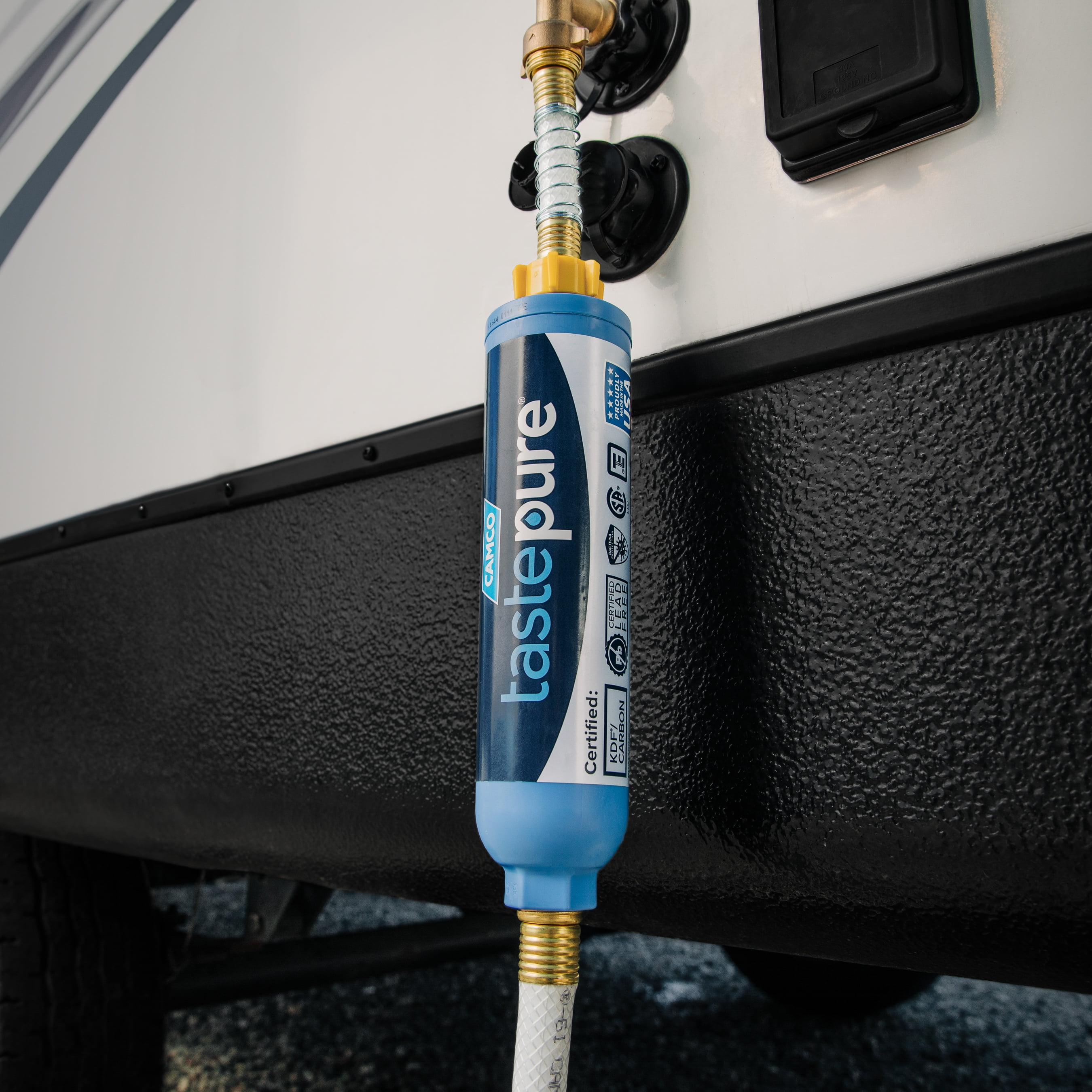 Camco TastePure RV Water Filter with Flexible Hose Protector (Blue, 1 Pack) pyao8