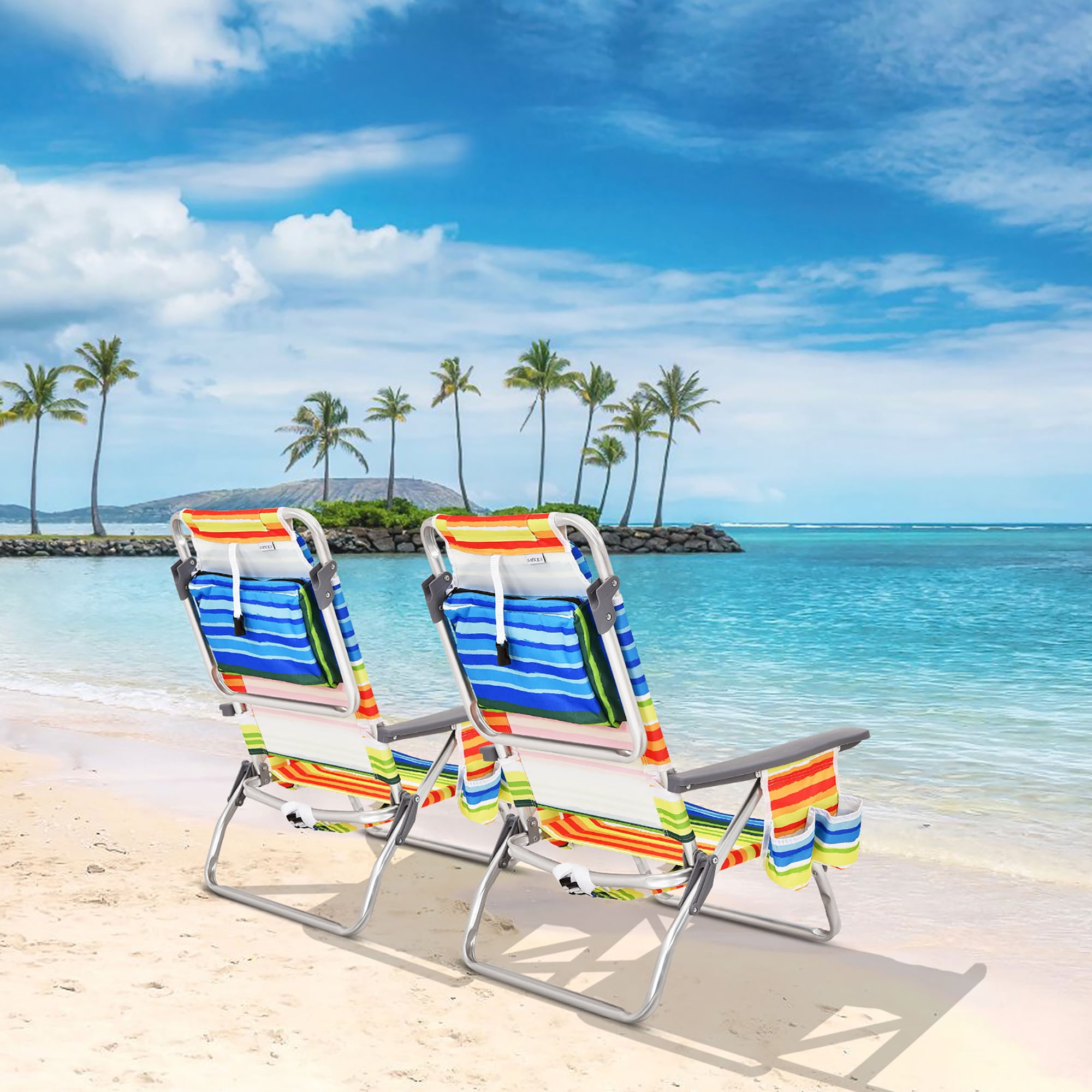 Costway 2-Pack Folding Backpack Beach Chair (5-Position Reclining Outdoor Chair with Pillow, Yellow) peyhw