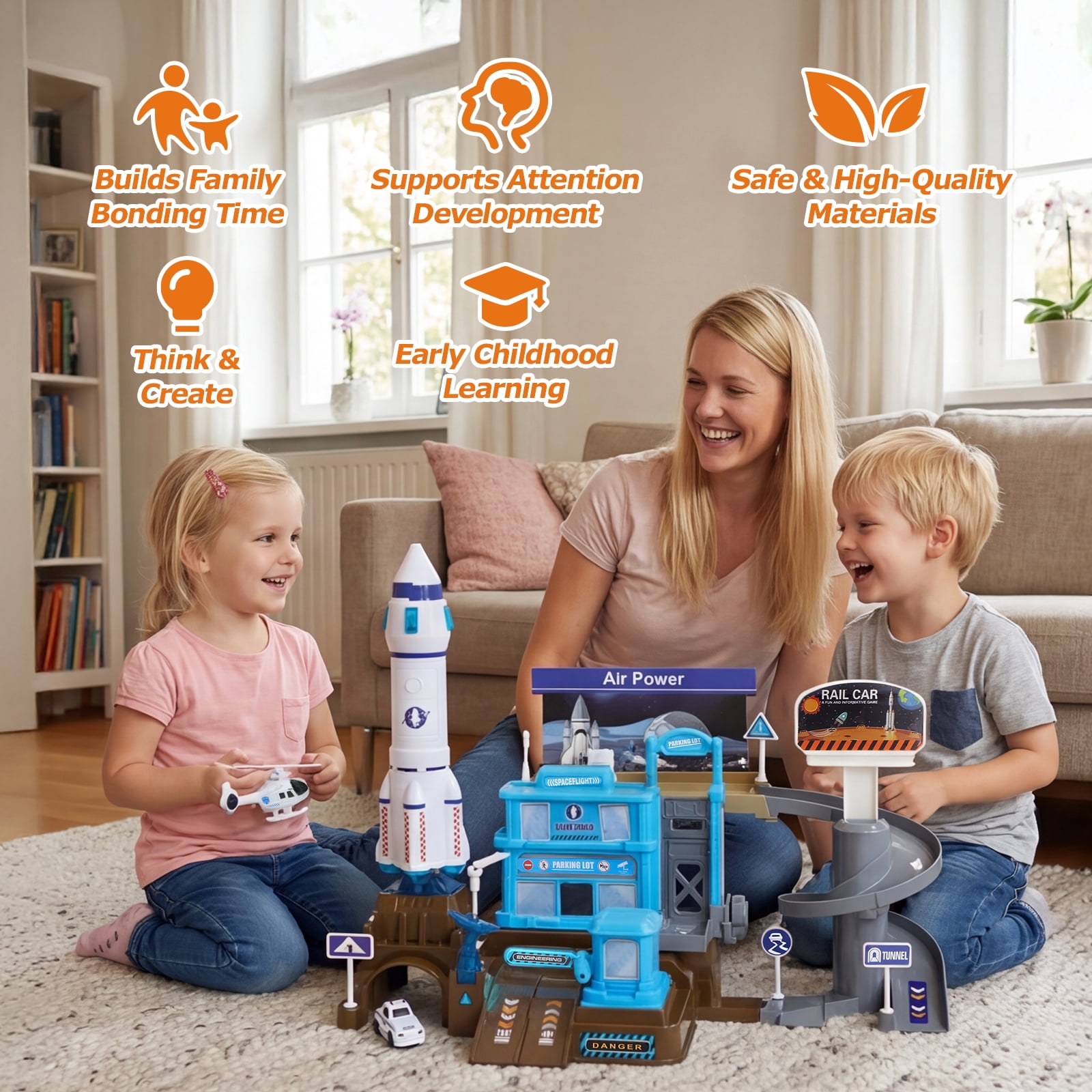 WEFONE Space Shuttle Building Toy Set with 3 Cars, Helicopter, and Rocket (Multi-Color, 6-Piece Set) 7yry9