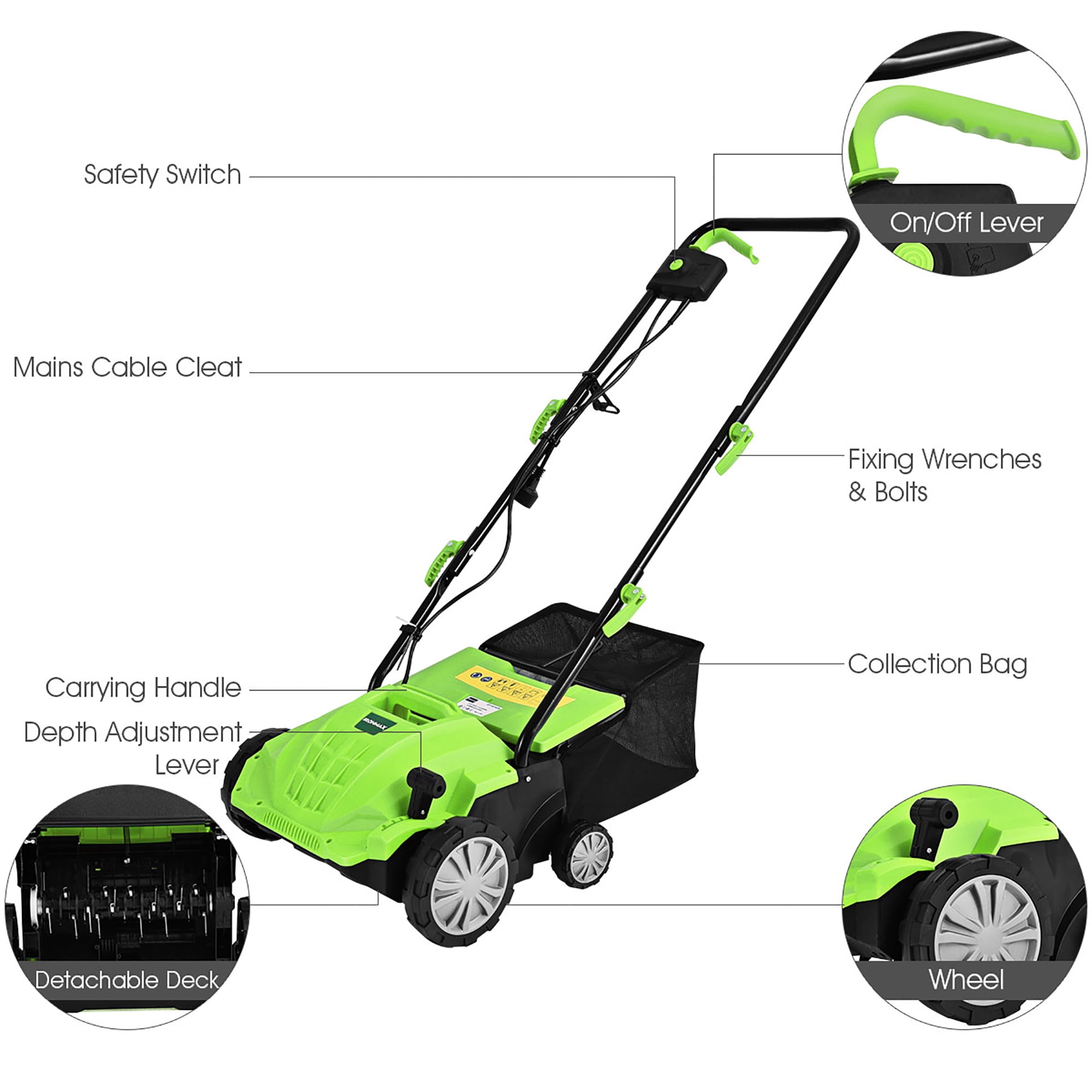 Costway 13-inch 12A Corded Electric Lawn Dethatcher and Scarifier with 11-Gallon Collection Bag (Green) jhsyi