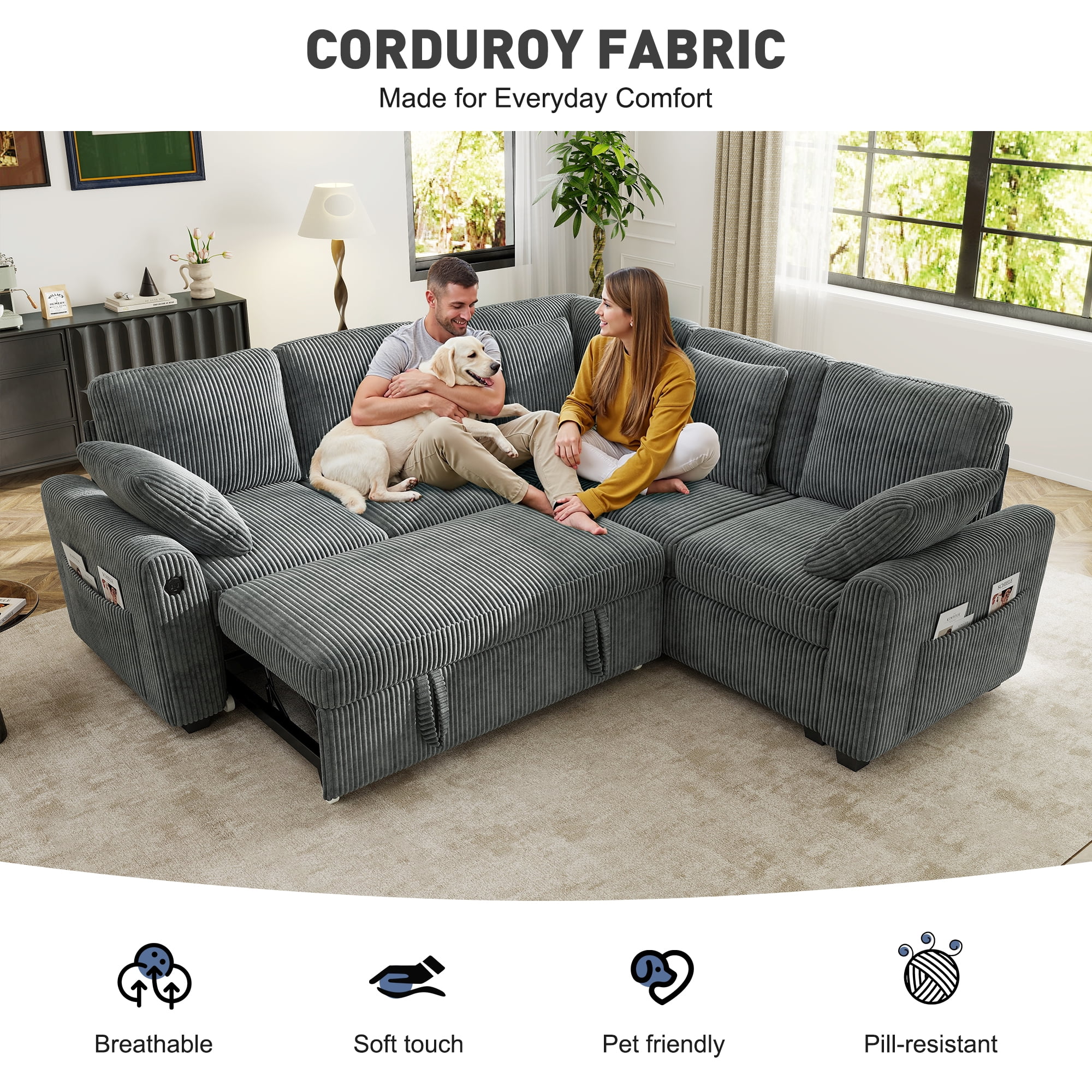 BedLuxury Sectional Sleeper Sofa with Pull-Out Bed, Storage, and USB Charging (Corduroy Gray, 83 in) hox21