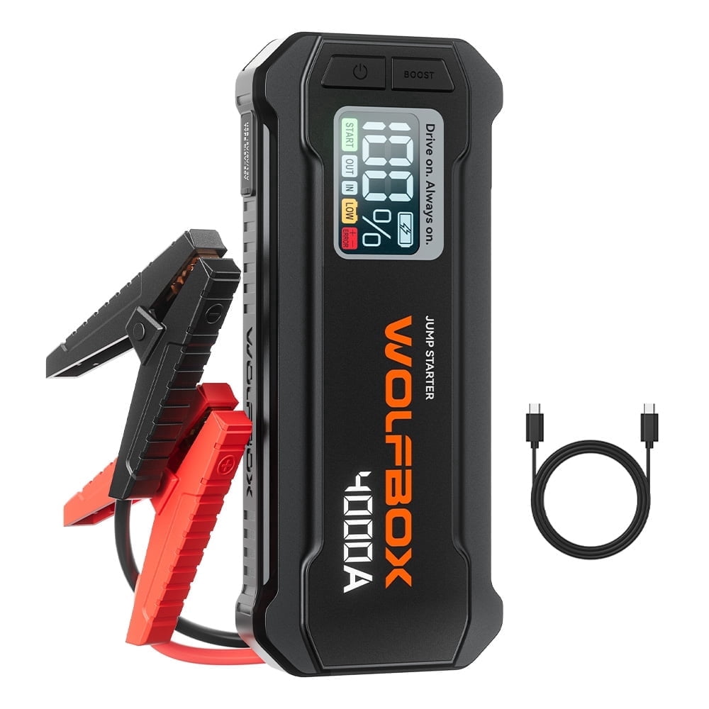 WolfBox 4000A Portable Car Jump Starter, Heavy-Duty Battery Booster Pack for 10L Gasoline & Diesel Engines (Black, 24000mAh) rnpaw
