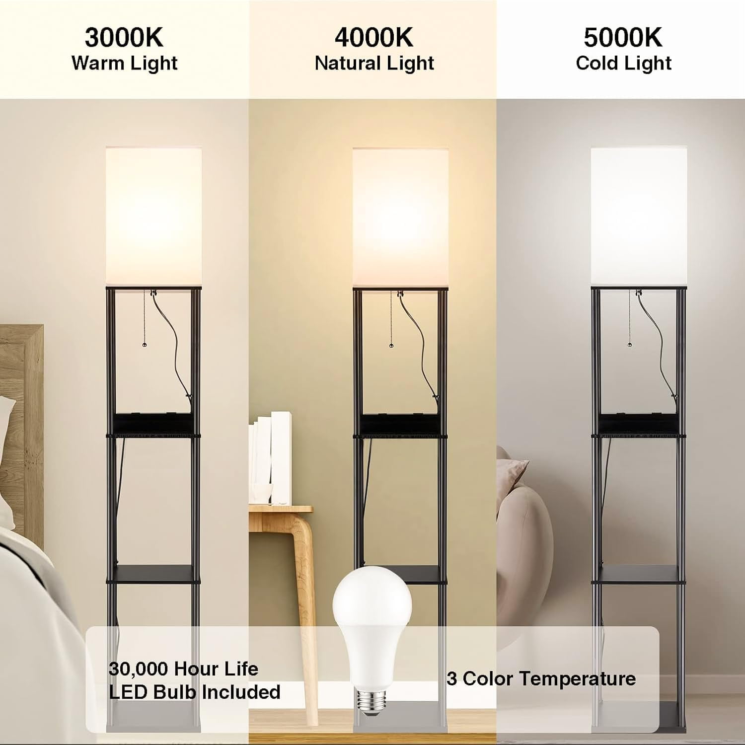 NUNET Floor Lamp with Shelves, 3-Tier Storage Organizer, 2AC Outlets & 2USB Ports, 3 Color Temperature LED (White, 2PK) 0dd17