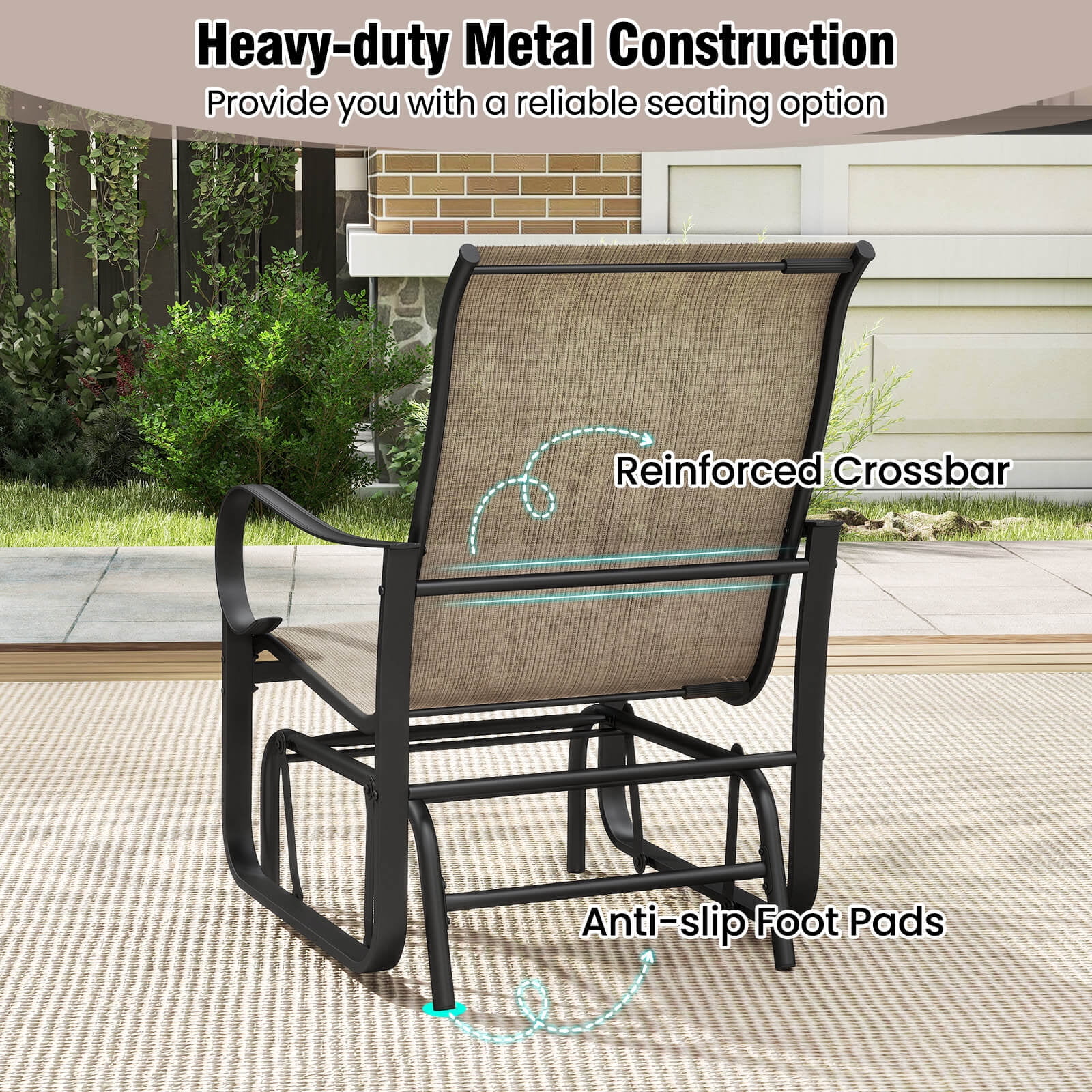 Costway Outdoor Glider Chairs Set of 2, Patio Rocking Chairs with High Backrest and Metal Frame (Brown, 2-Pack) z9uwx