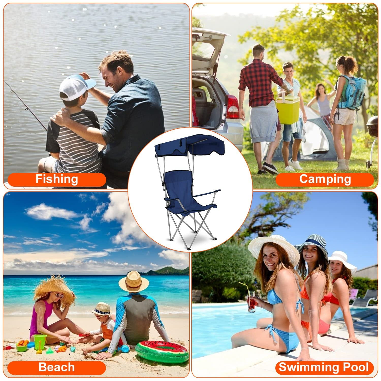 VTOY Folding Camping Chair with Sun Canopy and Cup Holder (Navy, 300 lb Capacity) r5kta