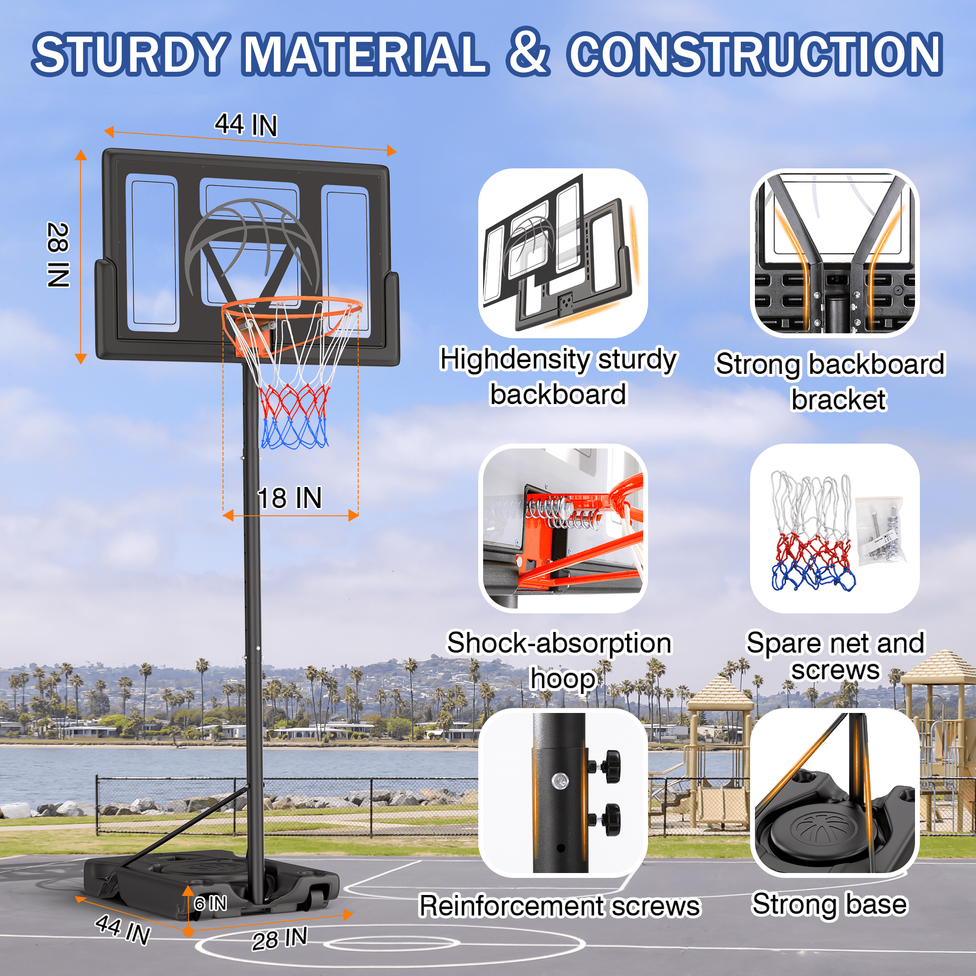 Dprodo Portable Basketball Hoop System with 44 in Shatterproof Backboard, Height Adjustable (Black, 4.4 ft to 10 ft) xlnx1