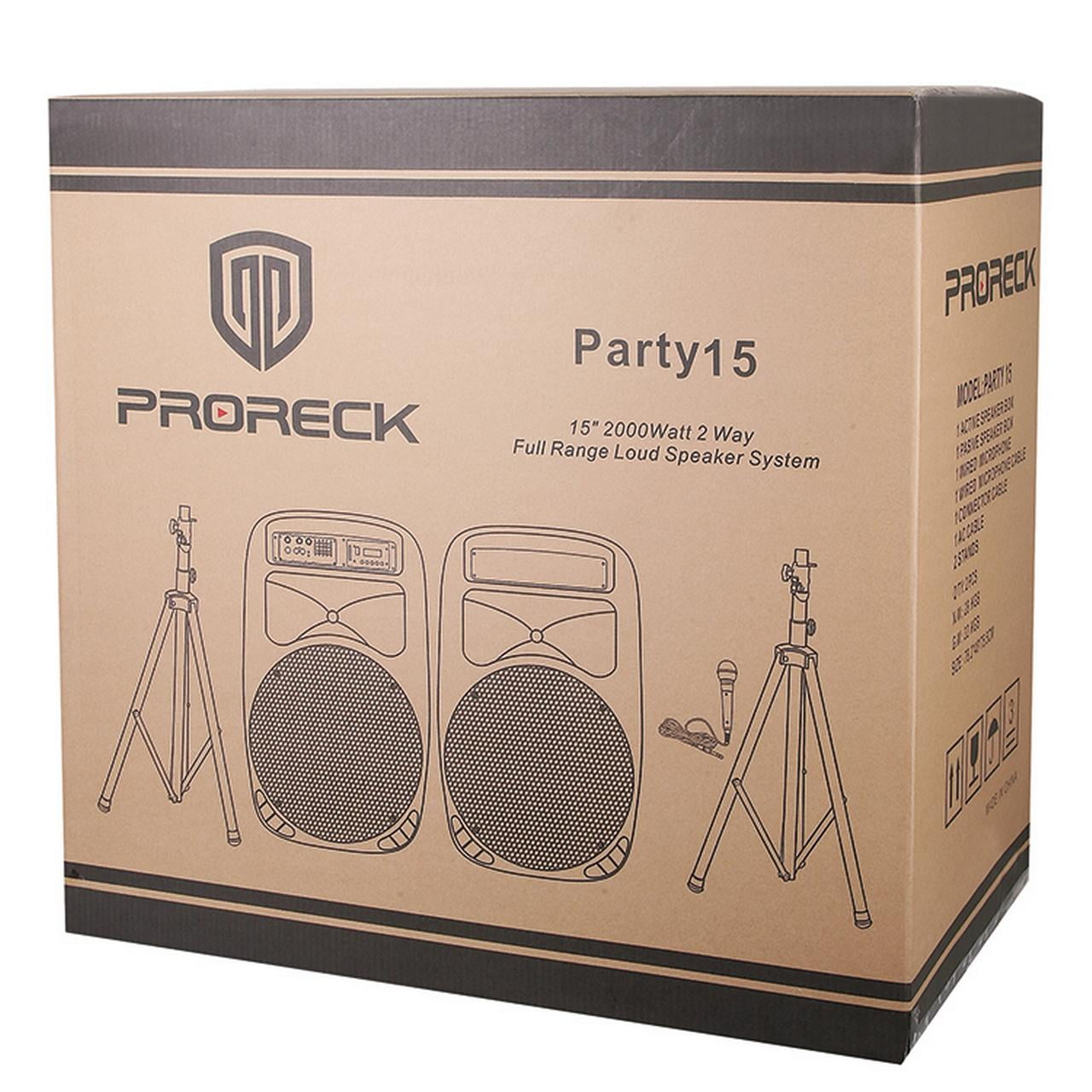 Proreck Party Portable 15 in 2000 Watt 2-Way Powered PA Speaker System with Bluetooth, LED Lights, and Wired Microphone (15 in) w7x90