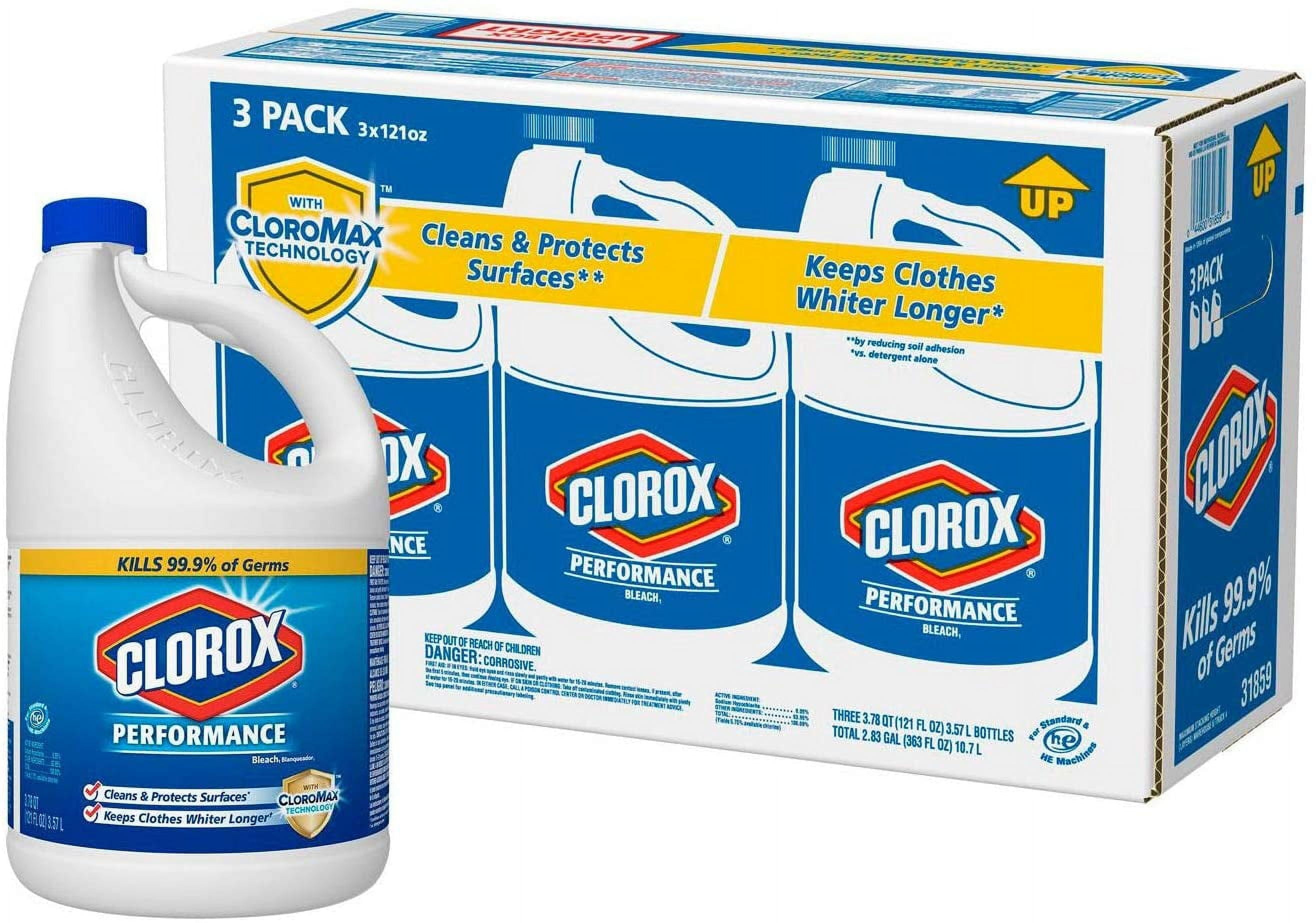 Clorox Performance Bleach with CloroMax Technology, Concentrated Laundry Whitener and Surface Disinfectant (121 fl oz, 3 Pack) otx39