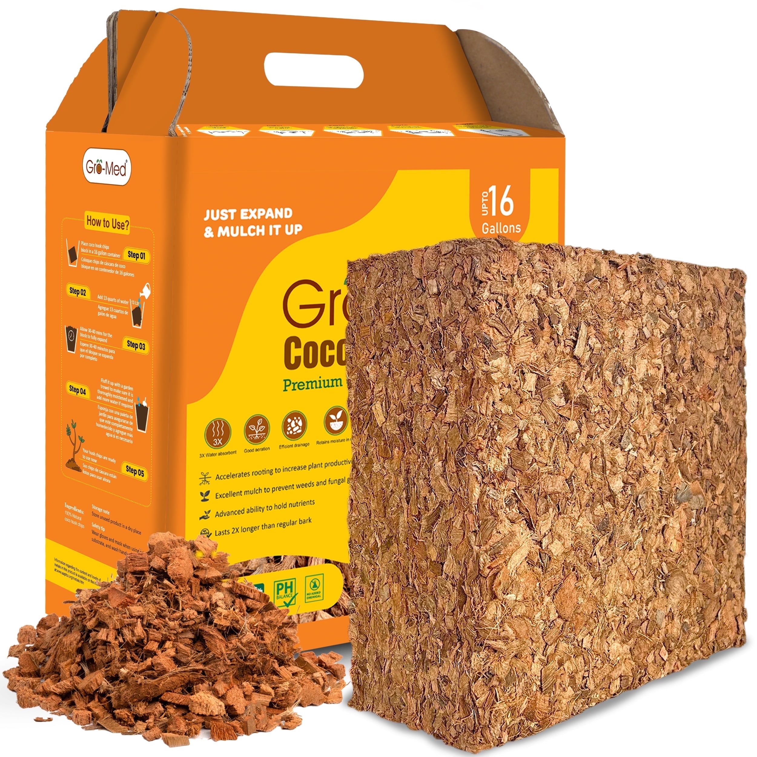 Gro-Med Coconut Coir Husk Chips Block, Organic Soil Amendment and Potting Mix (10 lb, 2.5 cu ft) gkk1q