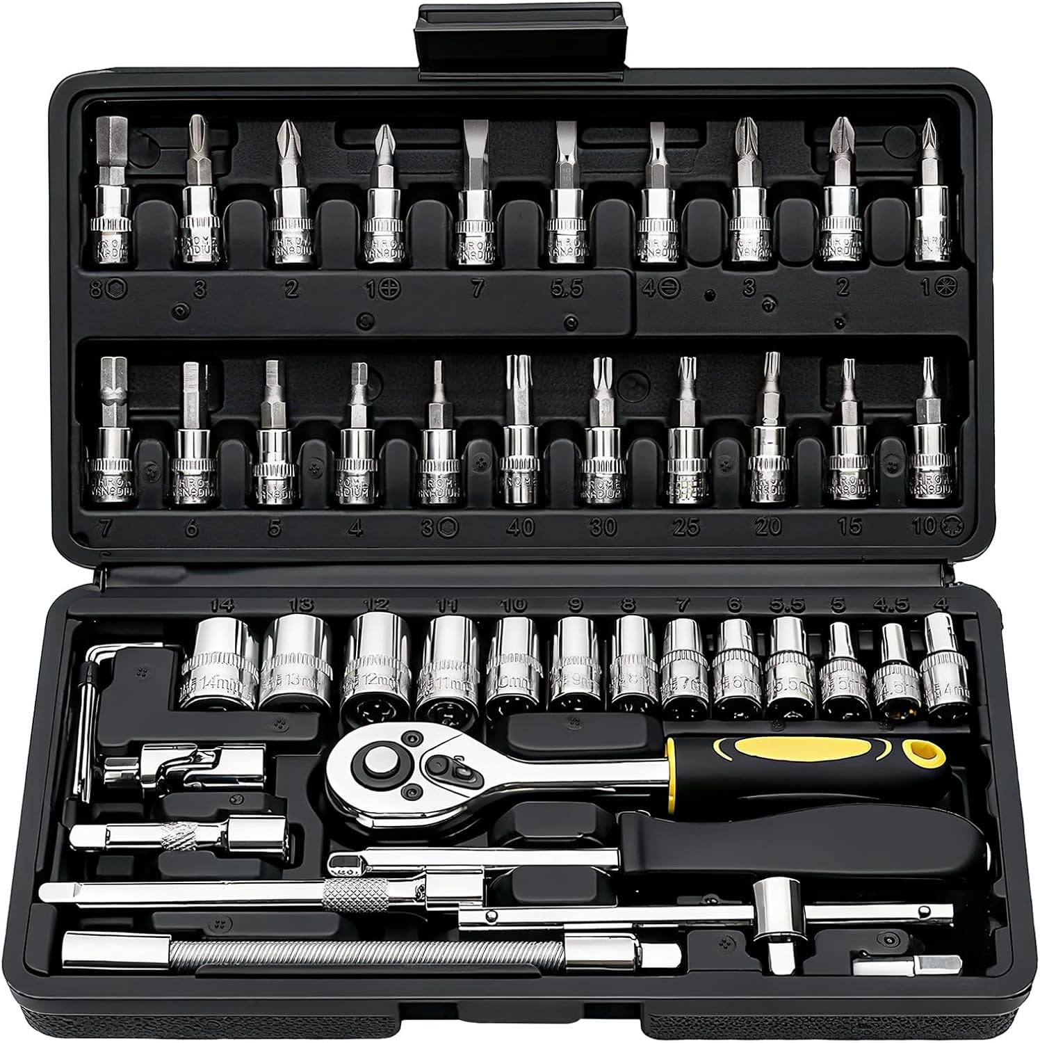 SamFit 46-Piece Socket Wrench Set, Professional 1/4 in Drive Ratchet Tool Kit with Extension Bars and Storage Case (Silver, 46-Piece) 9ipuz