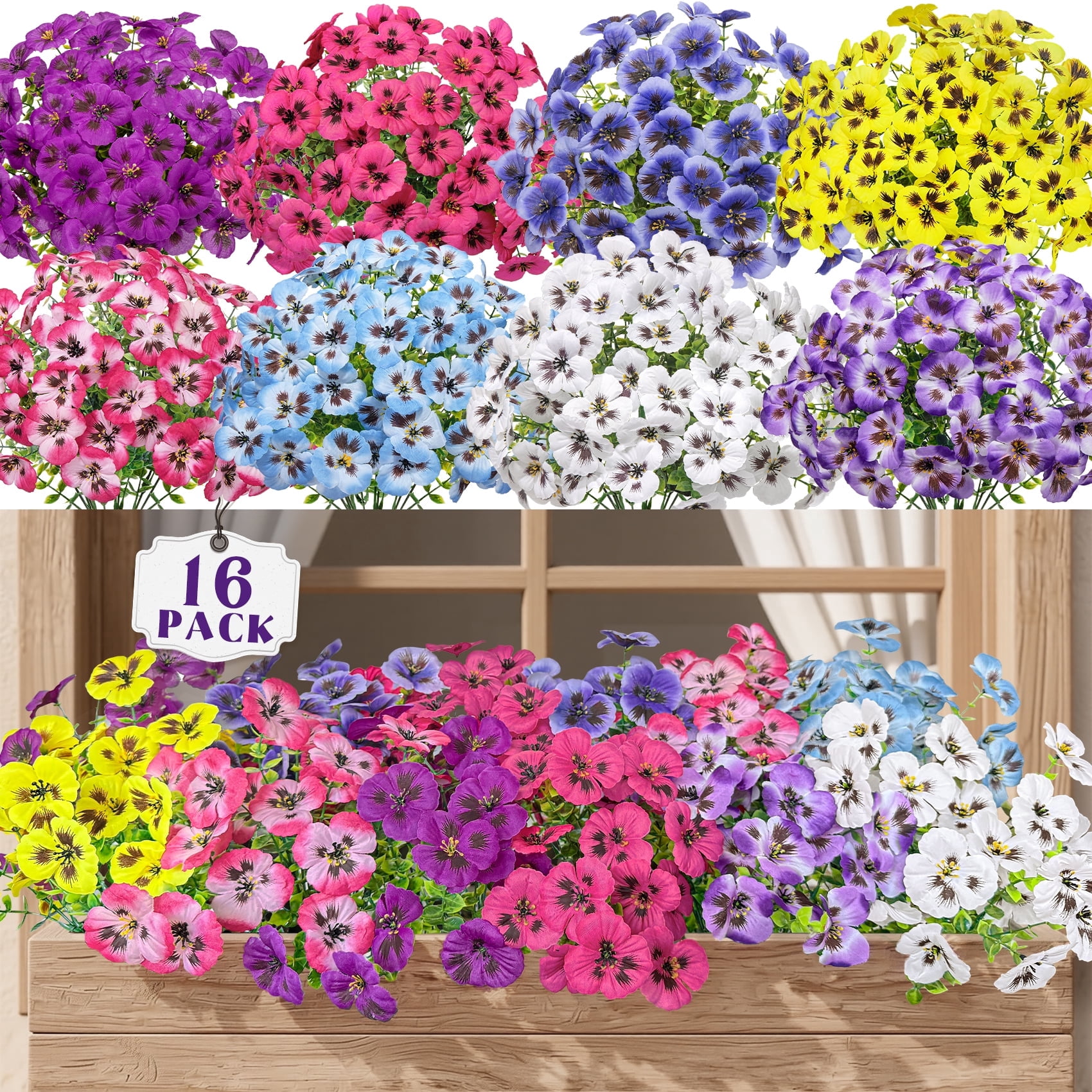 AcerichFad Artificial Pansy Flowers UV-Resistant Faux Silk Plants for Indoor and Outdoor Decor (Multi-Color, 16 Bundles) g9n0p