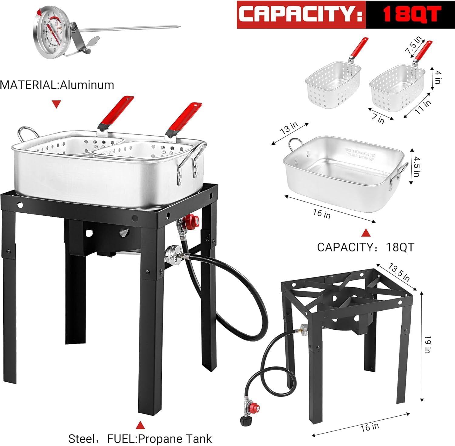 OT1808 Propane Deep Fryer with 18 qt Square Aluminum Pot (Dual Fry Baskets, Outdoor Cooking, Includes Thermometer) n07o9