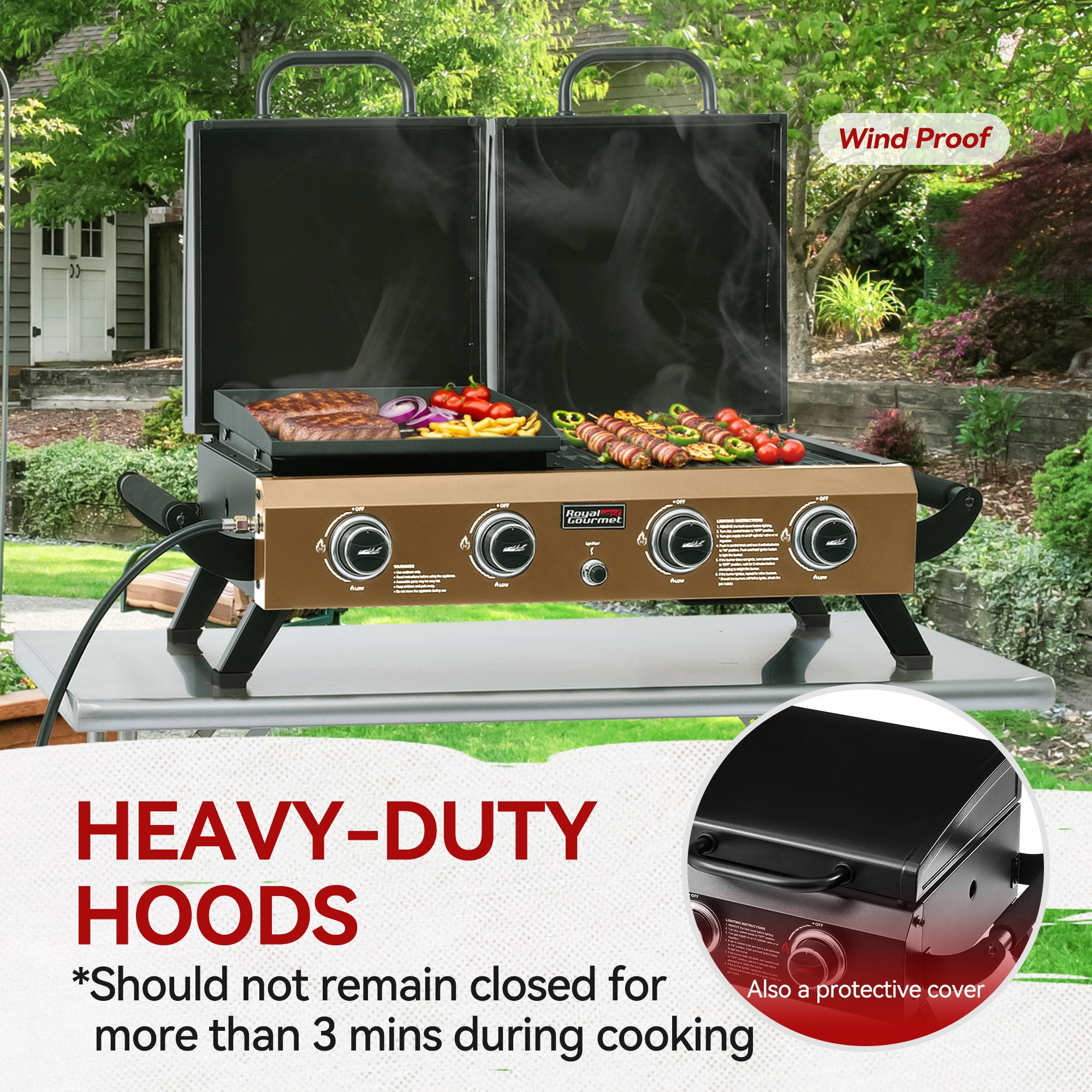 Royal Gourmet Portable Tabletop Grill & Griddle Combo with Hood, 40,000 BTU (Bronze Gold, 40.75 in x 20.28 in x 13.70 in) 0lg23