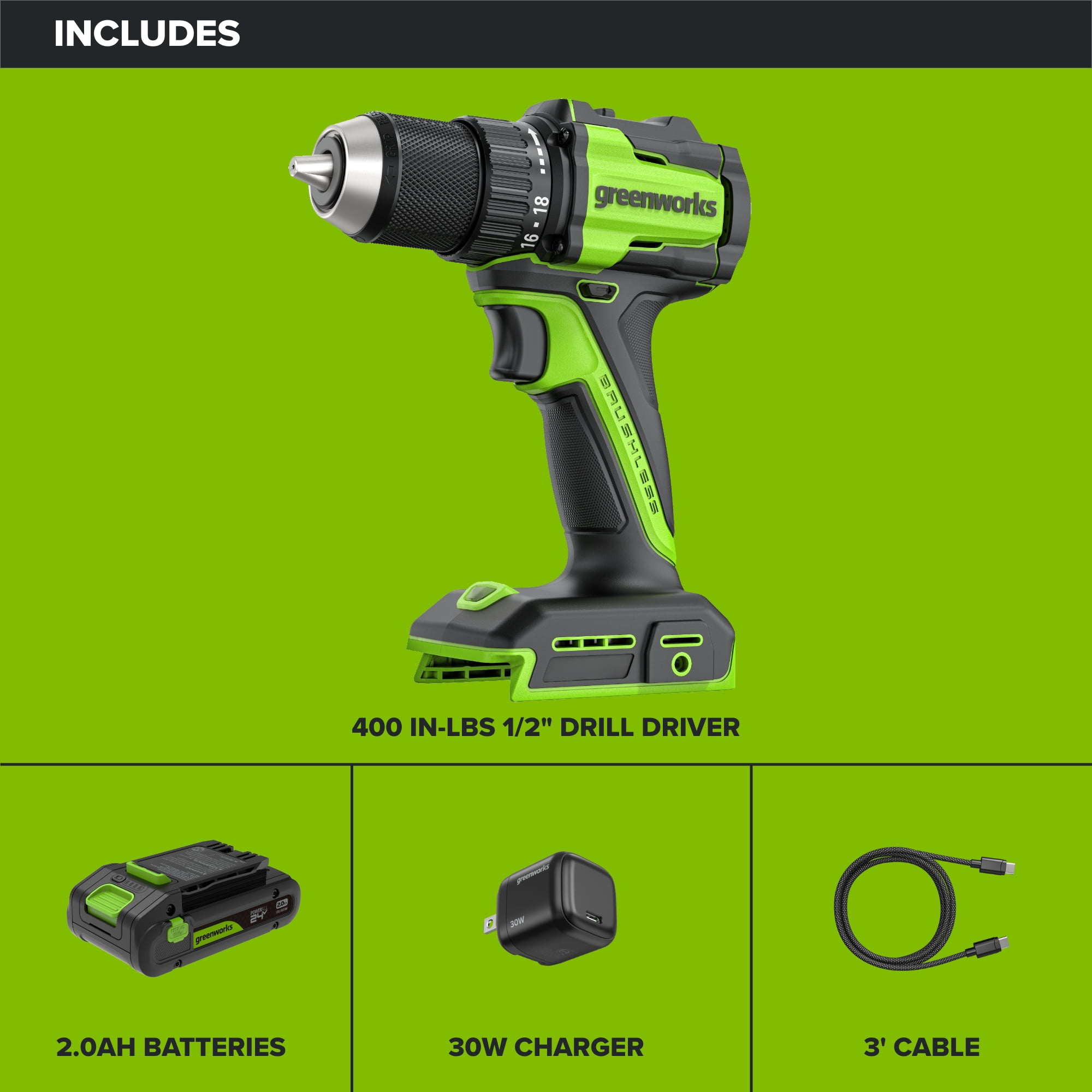 Greenworks 24V Brushless 1/2 in Cordless Drill Driver with 2 Ah Battery and Charger (Black, 2-Speed) doo1f