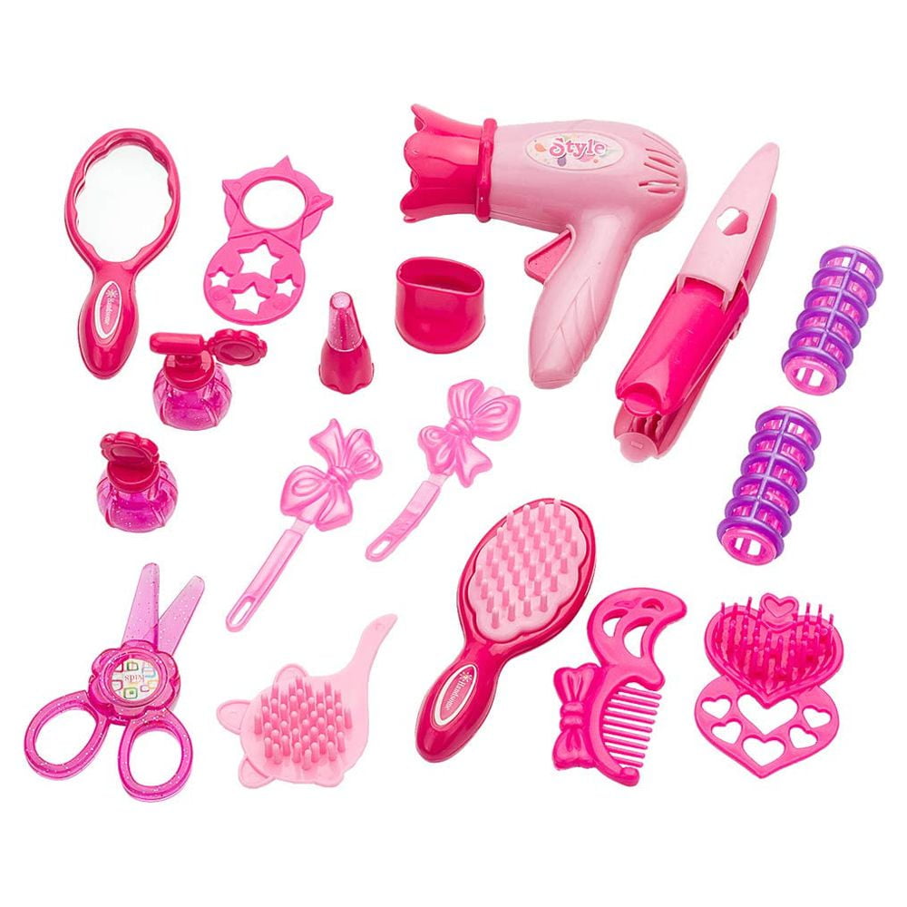 Somnr Kids Beauty Salon Pretend Play Makeup Kit with Carrying Case and Styling Accessories (Pink, 17pcs) 05fh7